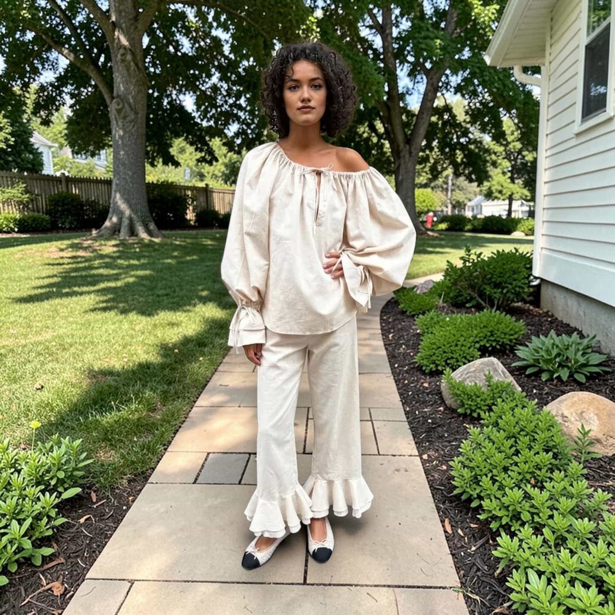 Linen Pajamas Women, Linen Off Shoulder Top And Ruffle Wide Leg Pants Set