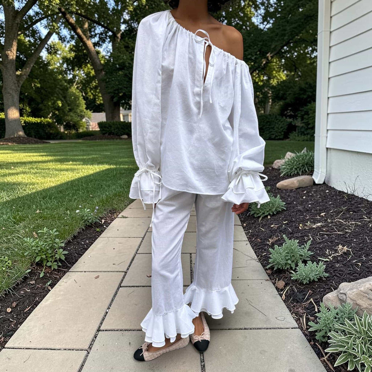 Linen Pajamas Women, Linen Off Shoulder Top And Ruffle Wide Leg Pants Set