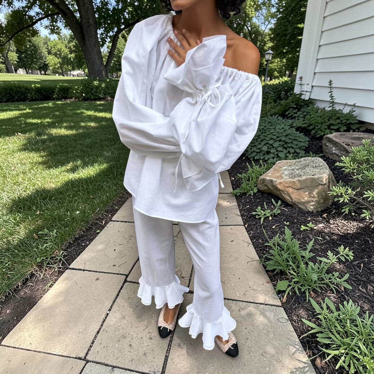 Linen Pajamas Women, Linen Off Shoulder Top And Ruffle Wide Leg Pants Set