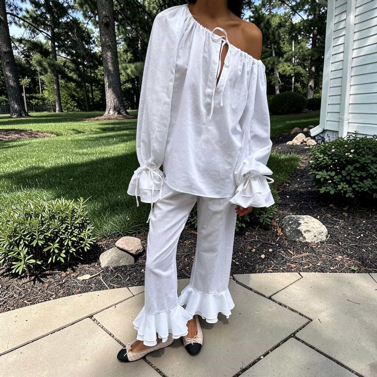 Linen Pajamas Women, Linen Off Shoulder Top And Ruffle Wide Leg Pants Set