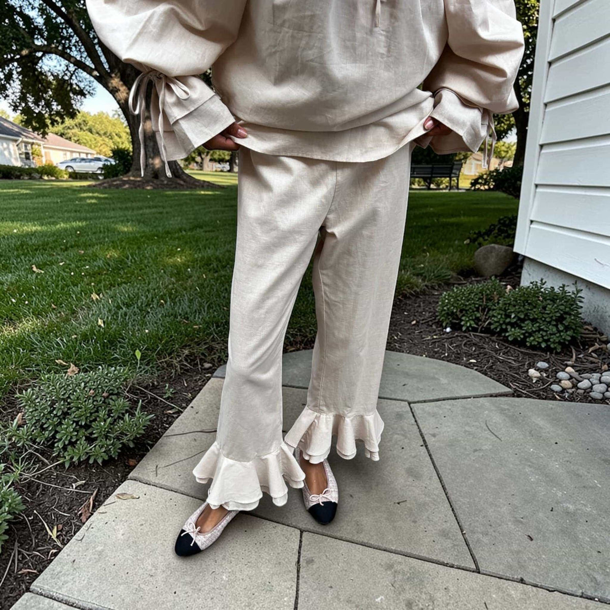 Linen Pajamas Women, Linen Off Shoulder Top And Ruffle Wide Leg Pants Set