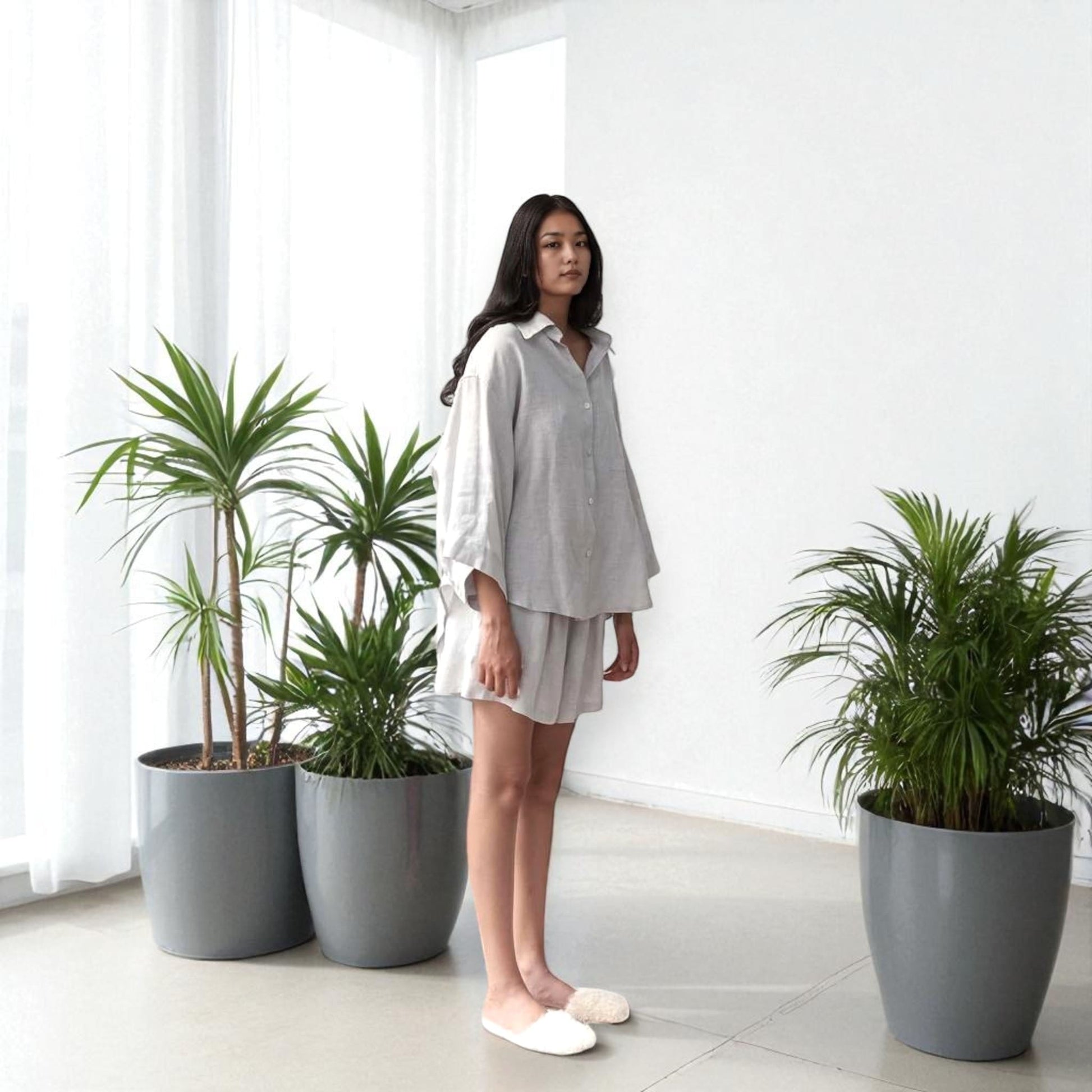 Linen Pajamas Women, Linen Oversized Shirt and Shorts Set