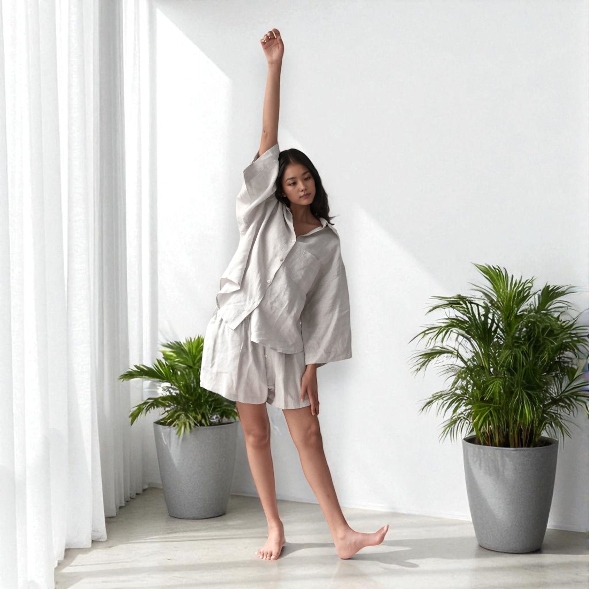 Linen Pajamas Women, Linen Oversized Shirt and Shorts Set