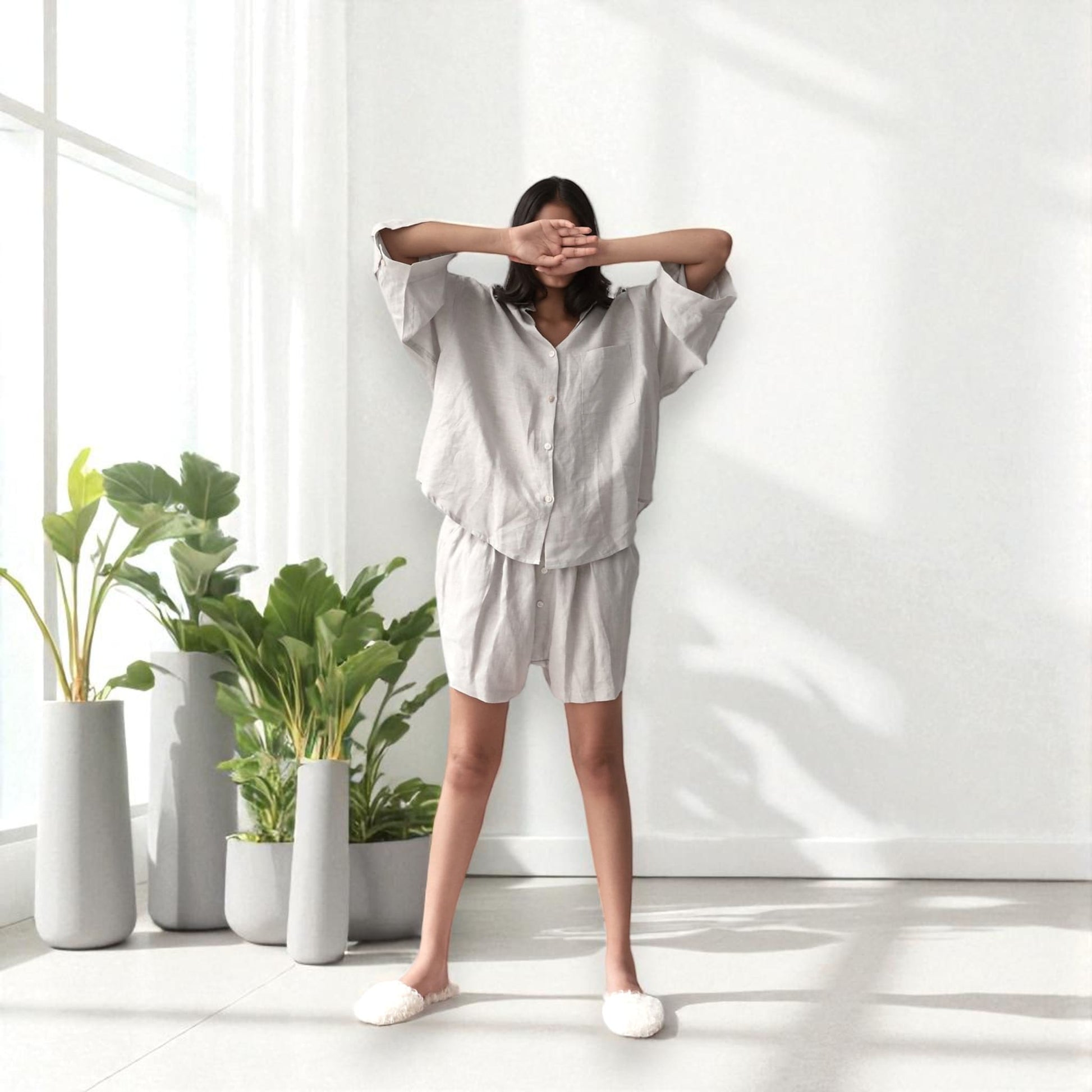 Linen Pajamas Women, Linen Oversized Shirt and Shorts Set