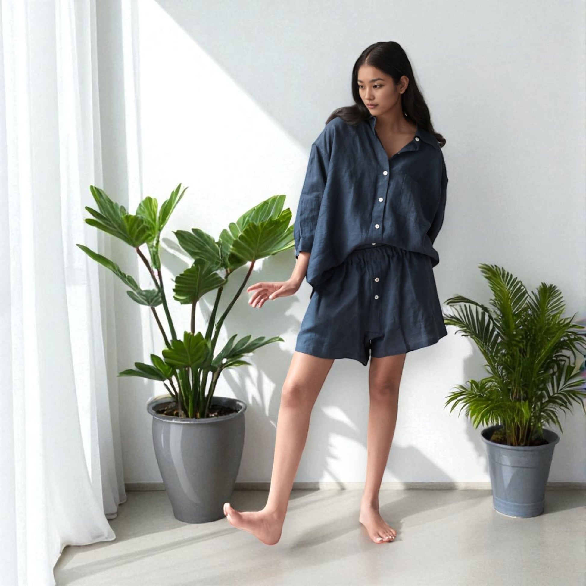 Linen Pajamas Women, Linen Oversized Shirt and Shorts Set