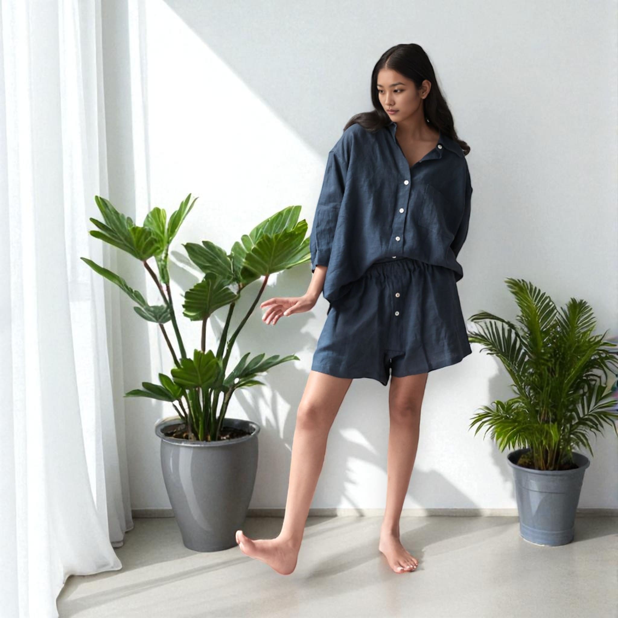 Linen Pajamas Women, Linen Oversized Shirt and Shorts Set