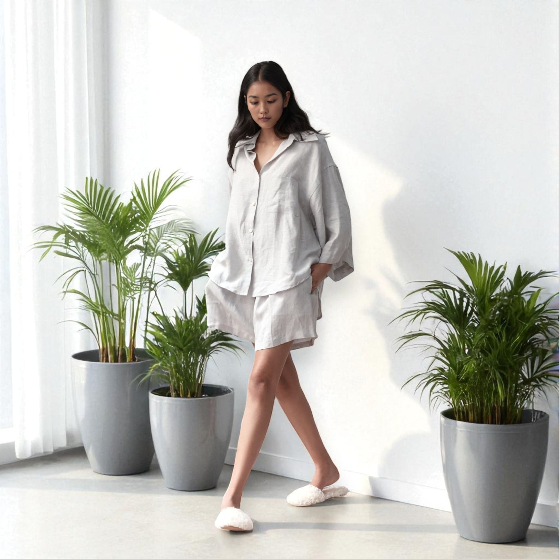 Linen Pajamas Women, Linen Oversized Shirt and Shorts Set