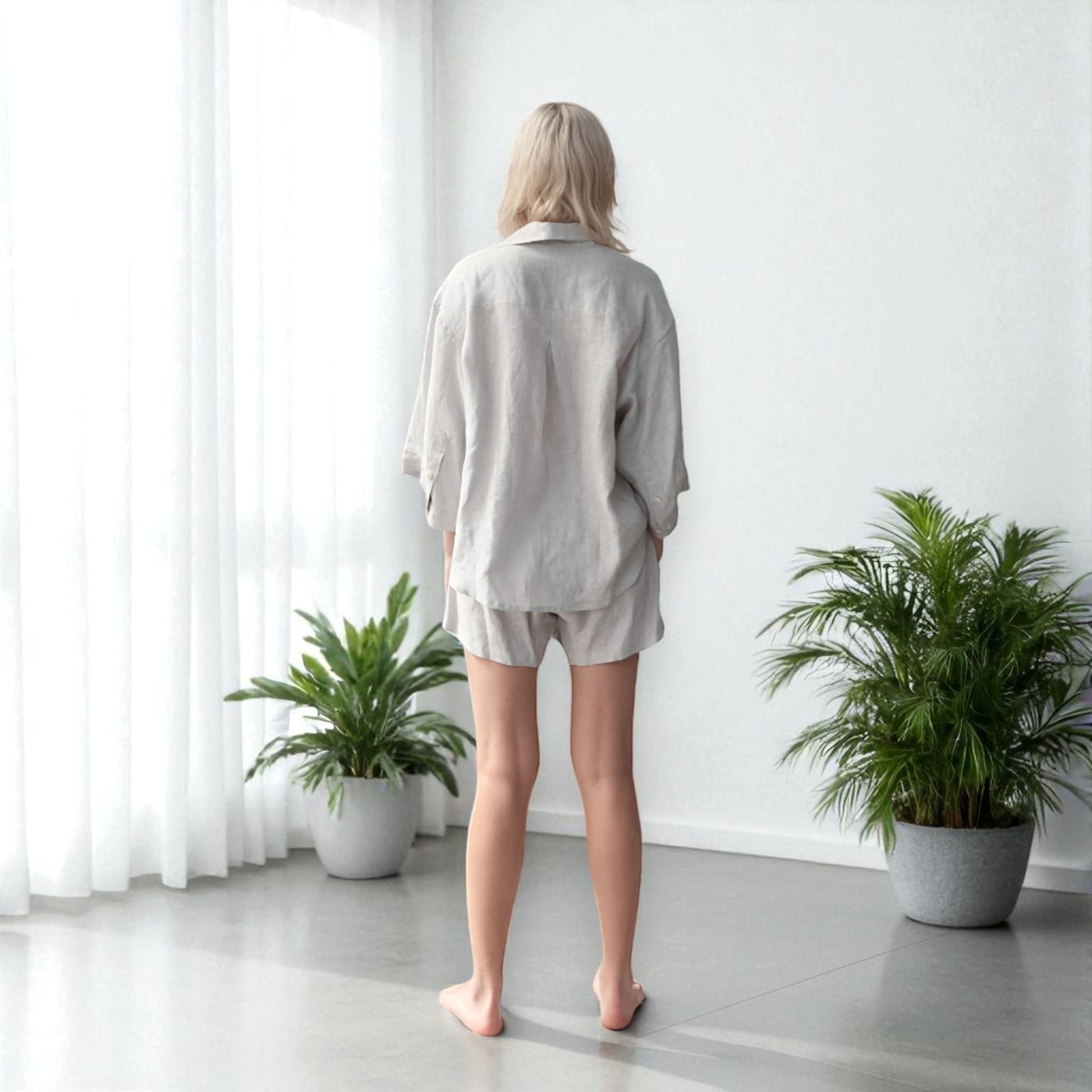 Linen Pajamas Women, Linen Oversized Shirt and Shorts Set