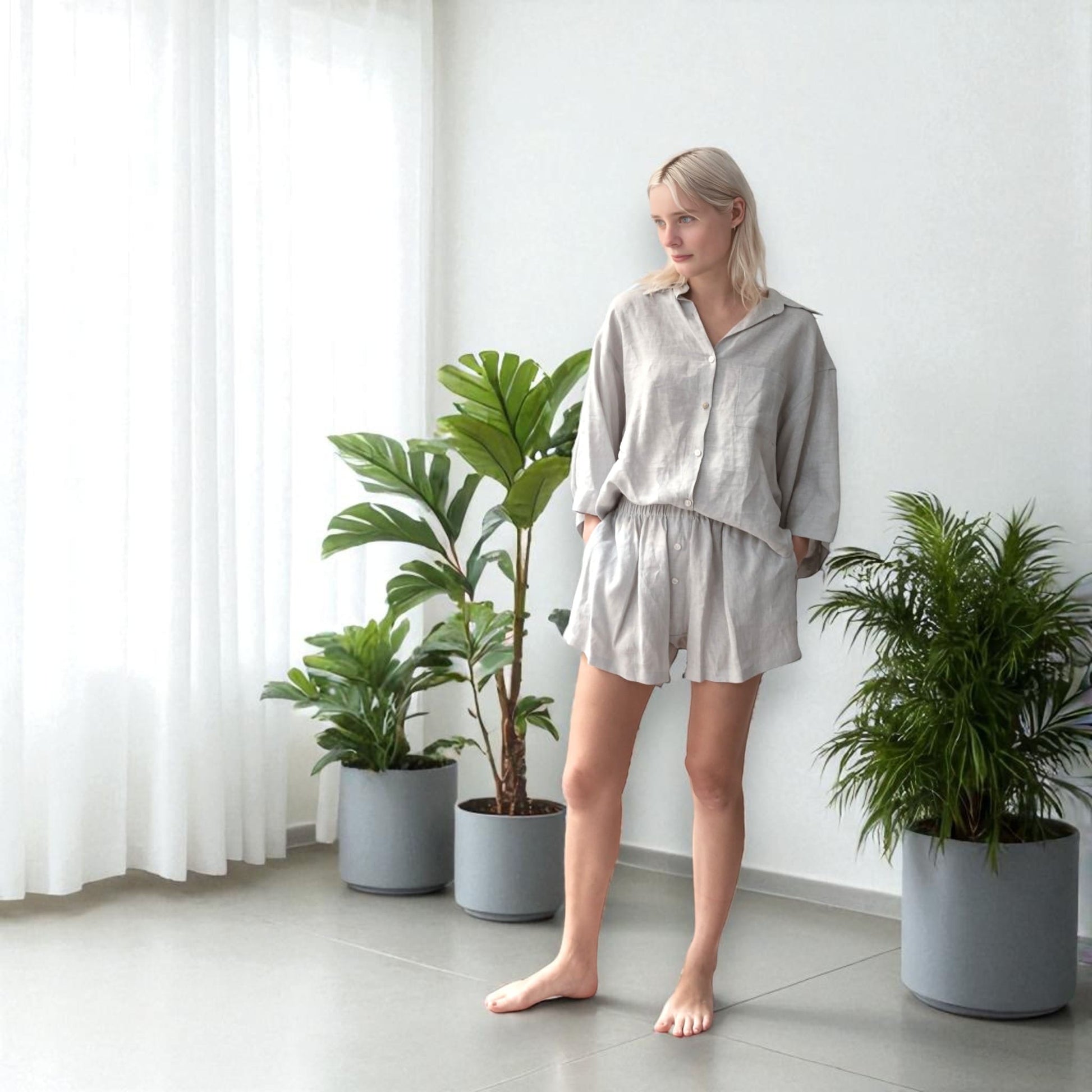 Linen Pajamas Women, Linen Oversized Shirt and Shorts Set