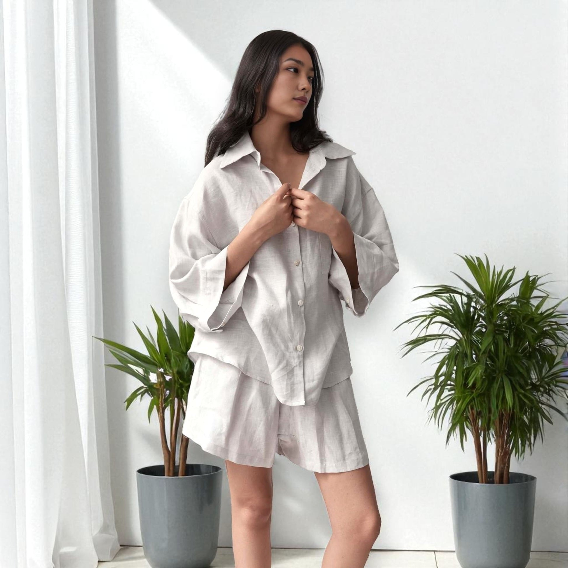 Linen Pajamas Women, Linen Oversized Shirt and Shorts Set