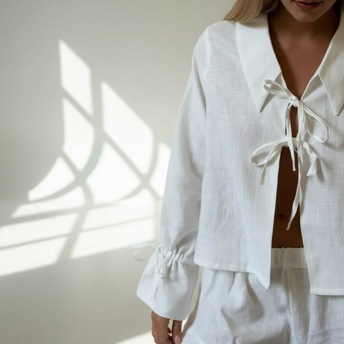 Linen Pajamas Women, Linen Tie Front Top And Linen Short Set