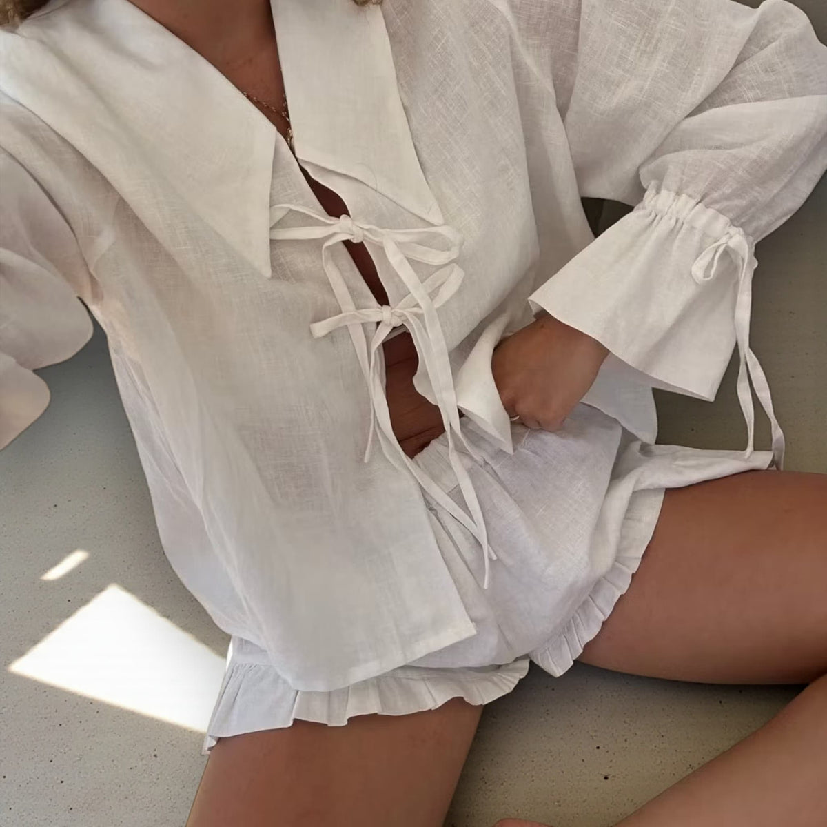 Linen Pajamas Women, Linen Tie Front Top And Linen Short Set