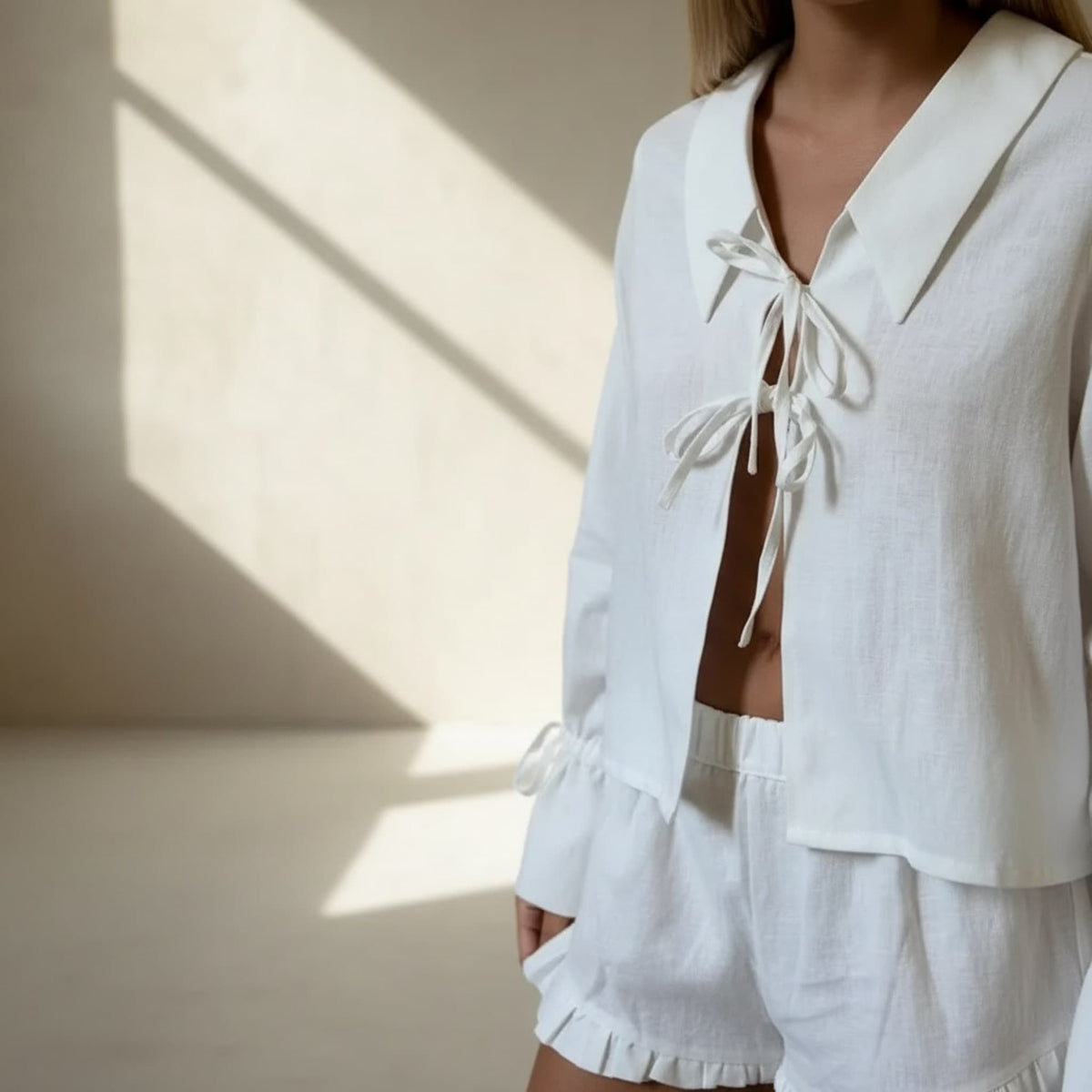Linen Pajamas Women, Linen Tie Front Top And Linen Short Set