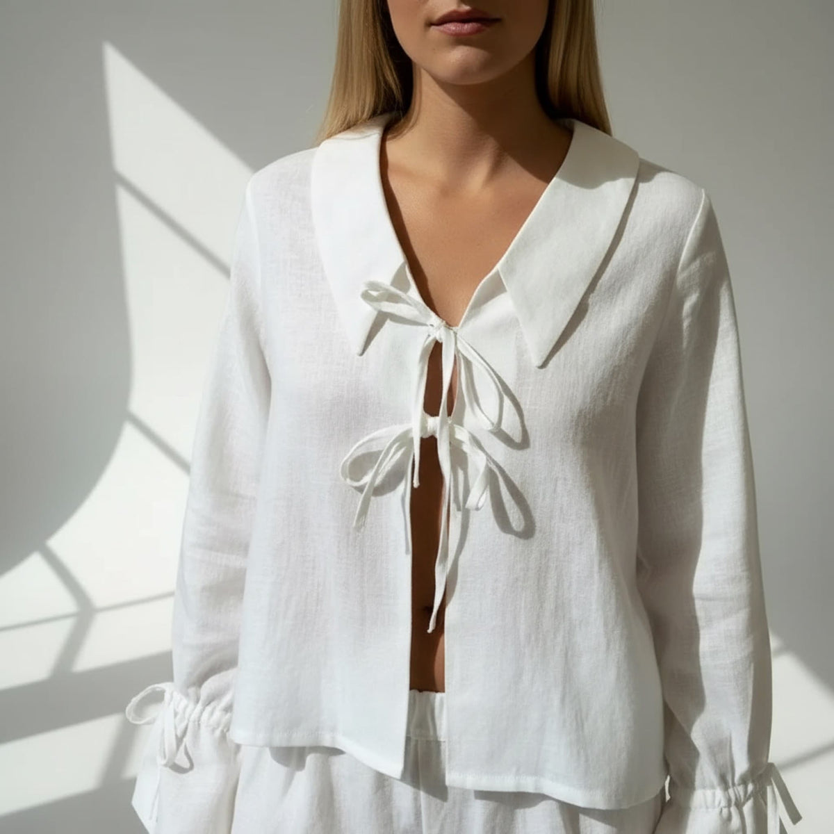 Linen Pajamas Women, Linen Tie Front Top And Linen Short Set