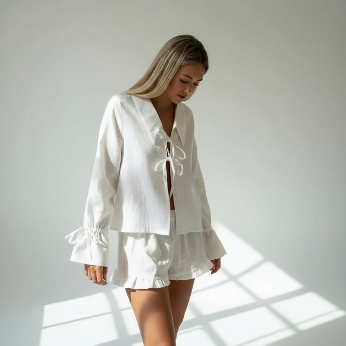 Linen Pajamas Women, Linen Tie Front Top And Linen Short Set