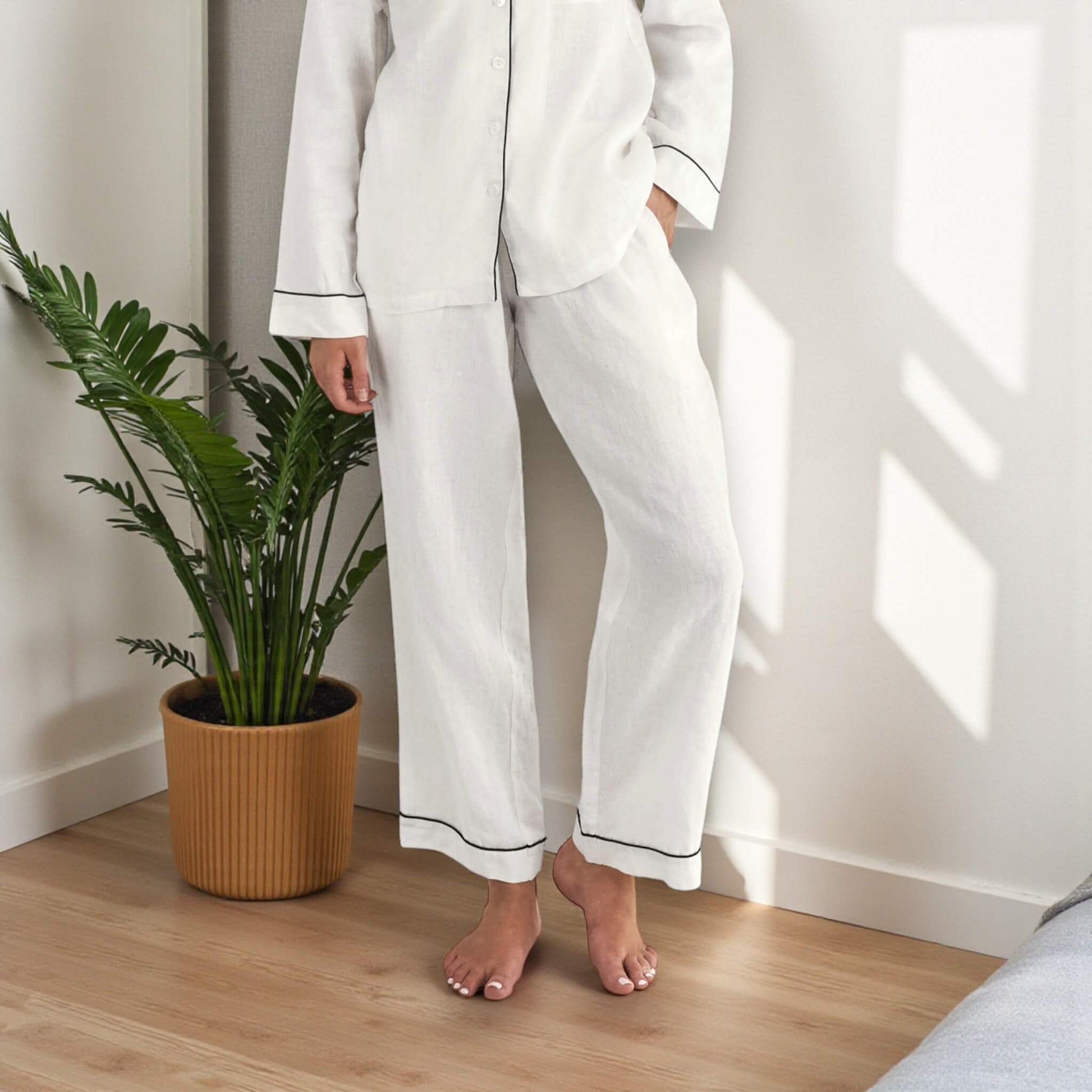 Linen Pajamas Women, Long Sleeve Shirt And Wide Leg Pants Set