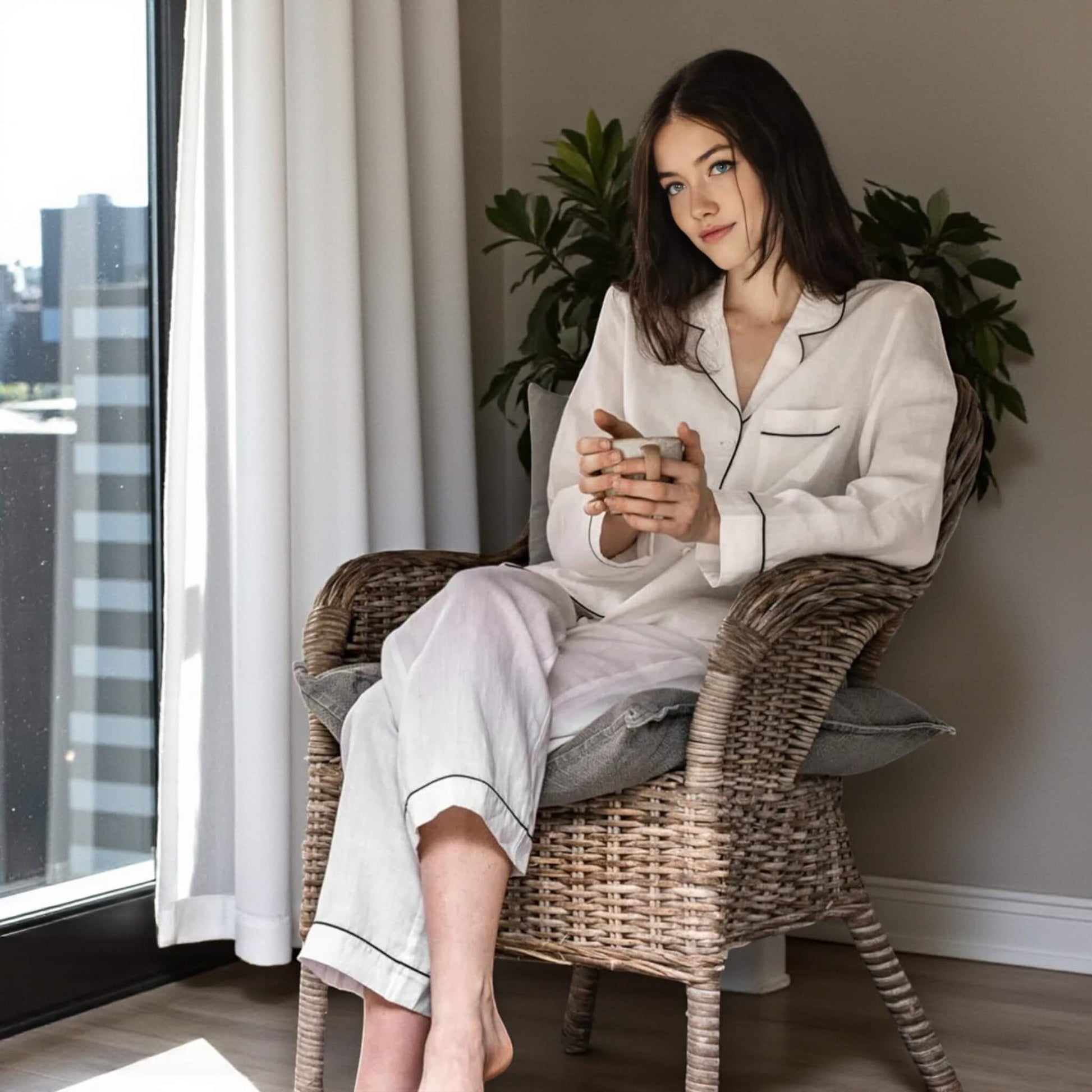 Linen Pajamas Women, Long Sleeve Shirt And Wide Leg Pants Set