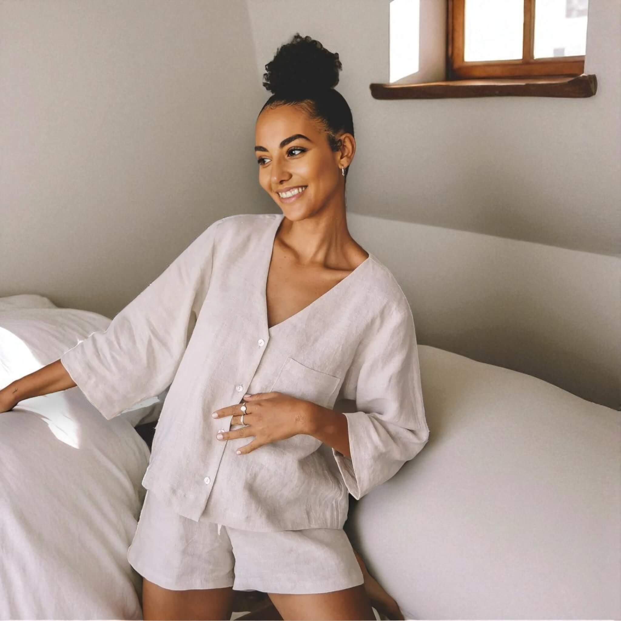 Linen Pajamas Women, Oversized Linen Shirt And Drawstring Shorts Set