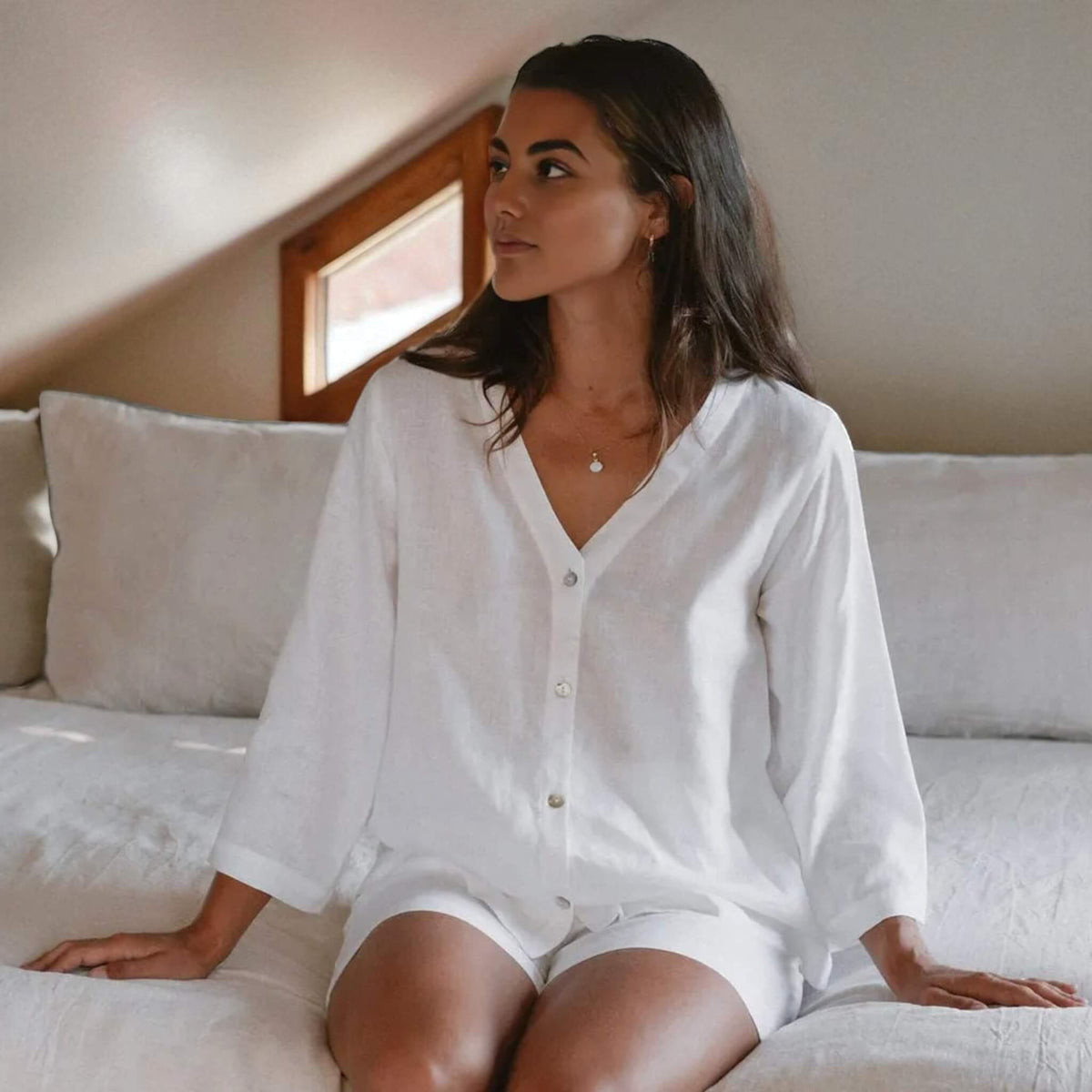 Linen Pajamas Women, Oversized Linen Shirt And Drawstring Shorts Set