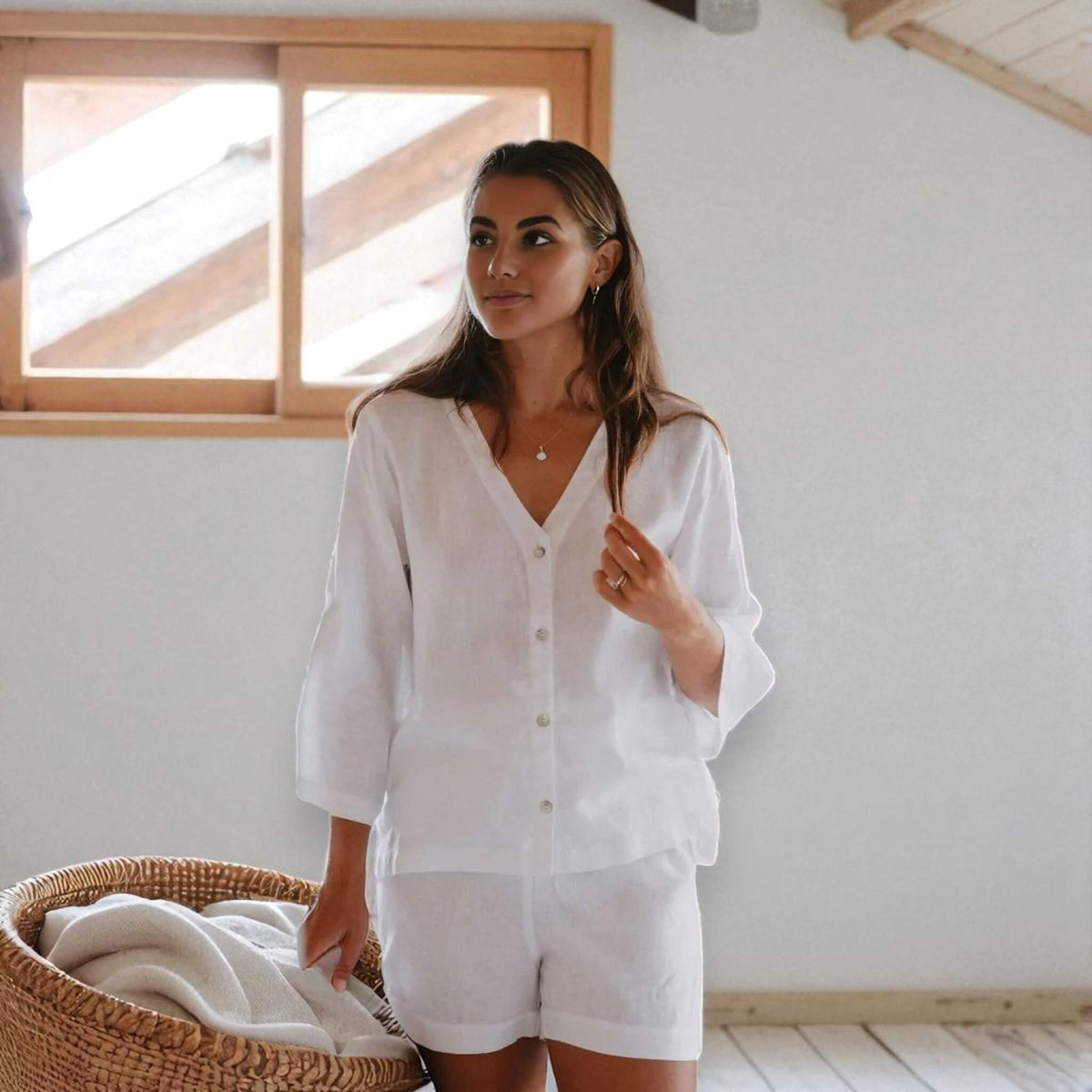 Linen Pajamas Women, Oversized Linen Shirt And Drawstring Shorts Set