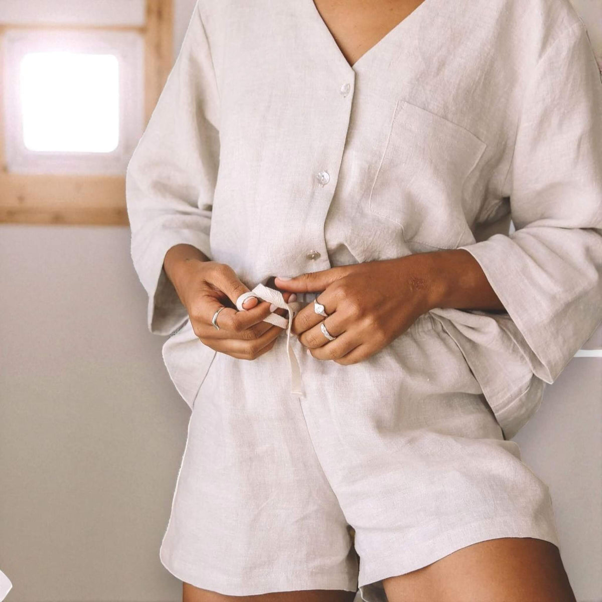 Linen Pajamas Women, Oversized Linen Shirt And Drawstring Shorts Set