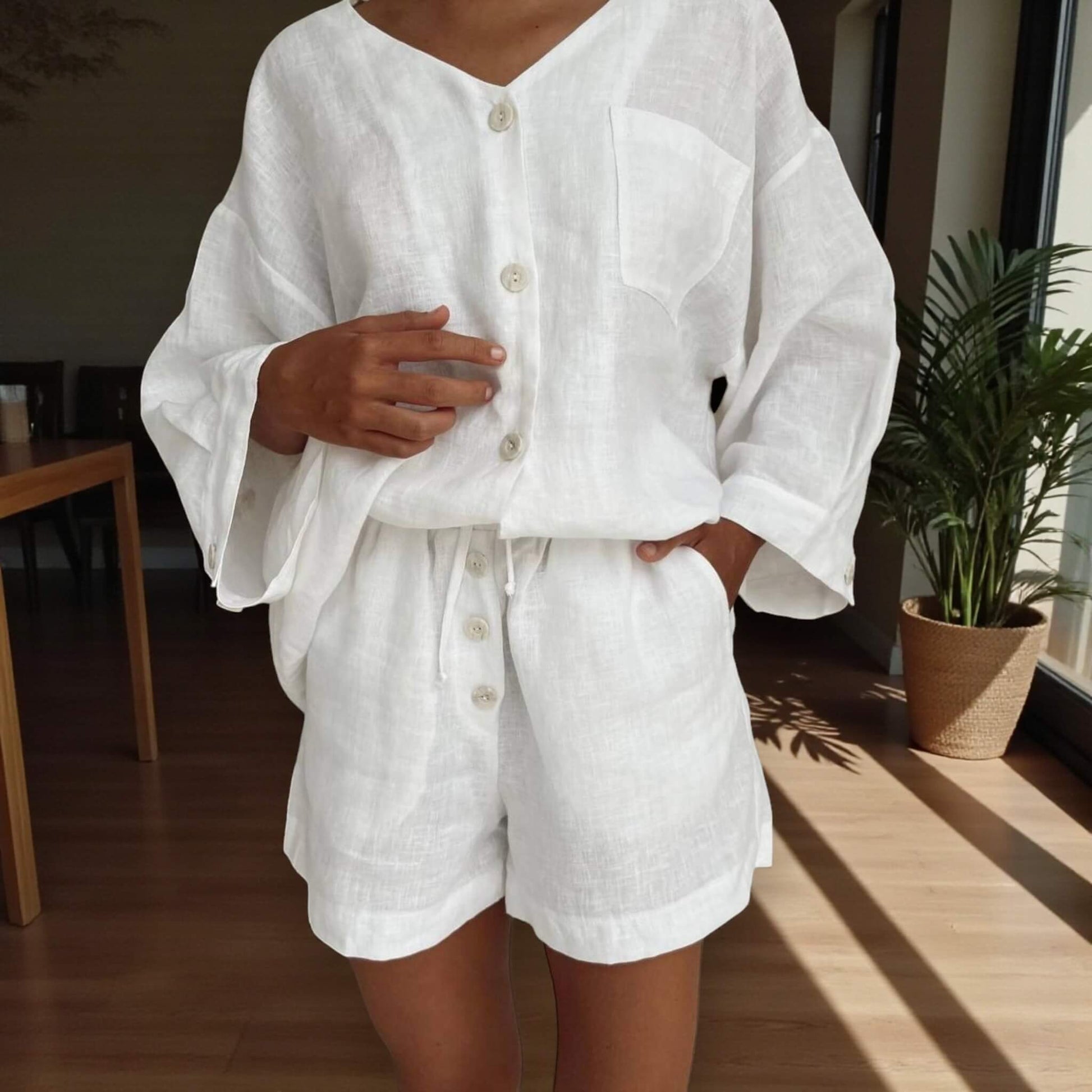 Linen Pajamas Women, Oversized Linen Shirt And Lounge Shorts Set