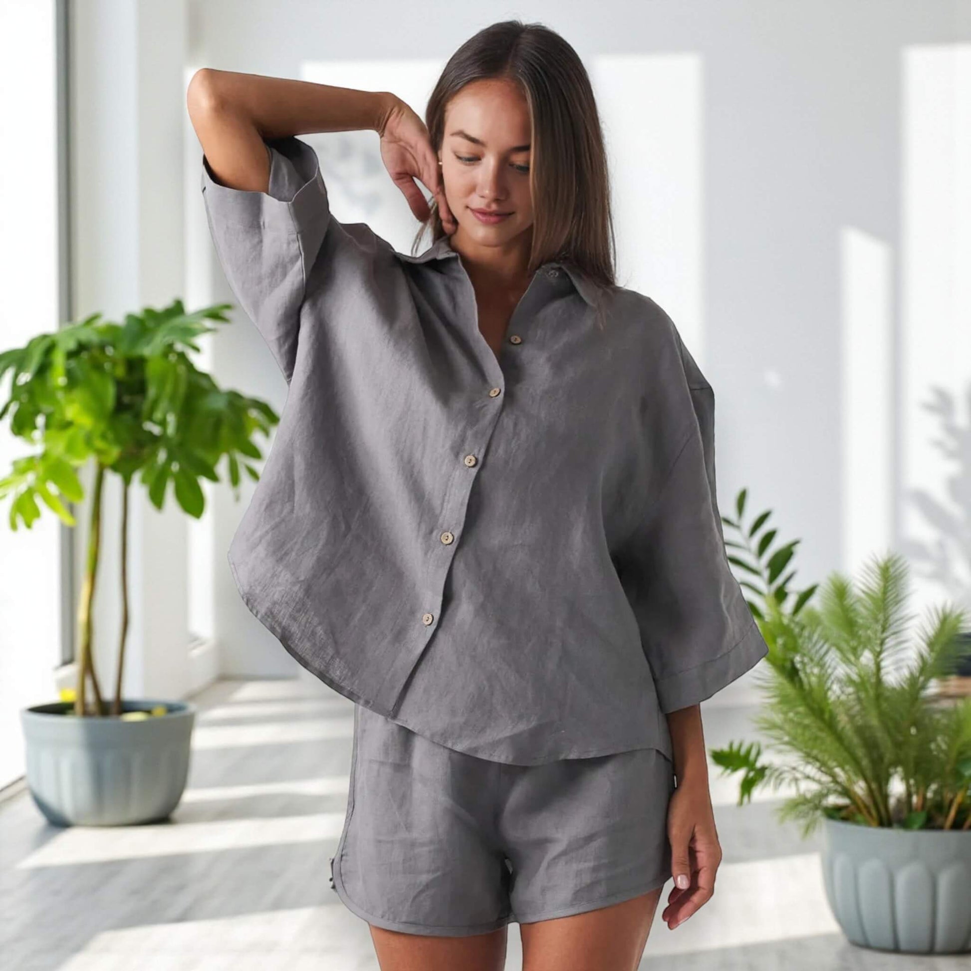 Linen Pajamas Women, Oversized Linen Shirt And Shorts Set
