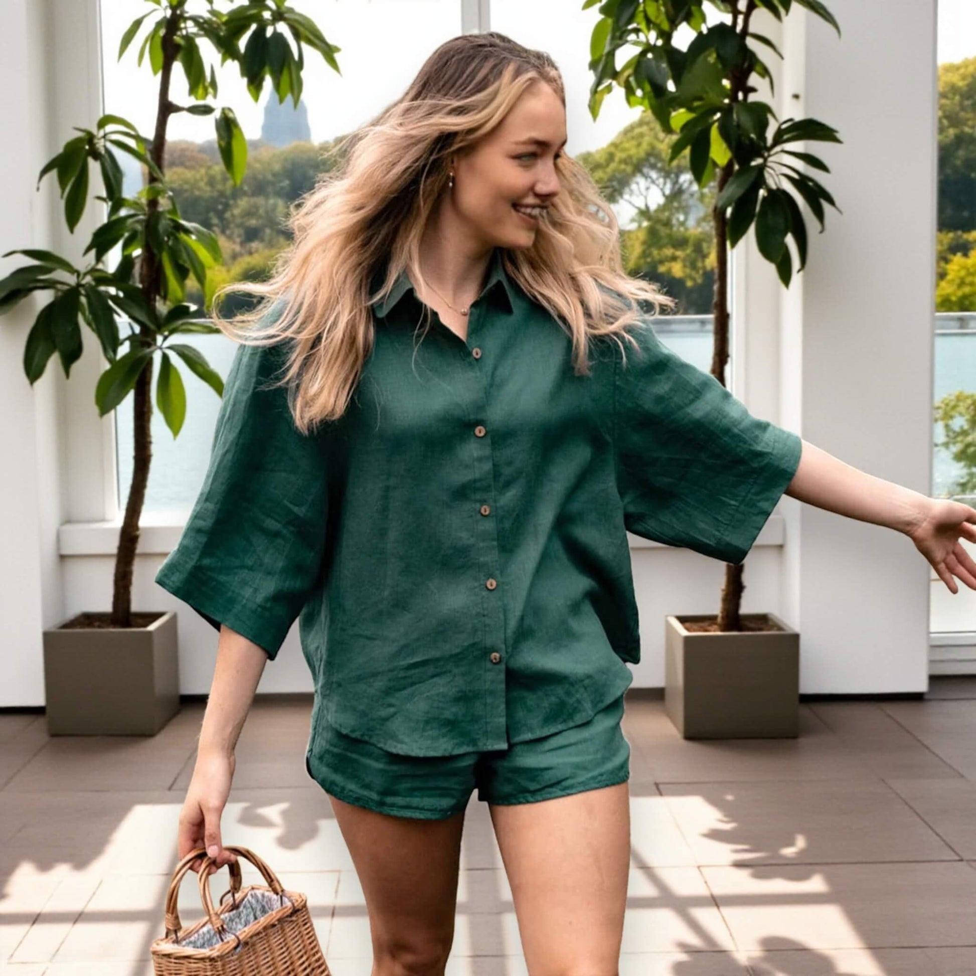 Linen Pajamas Women, Oversized Linen Shirt And Shorts Set