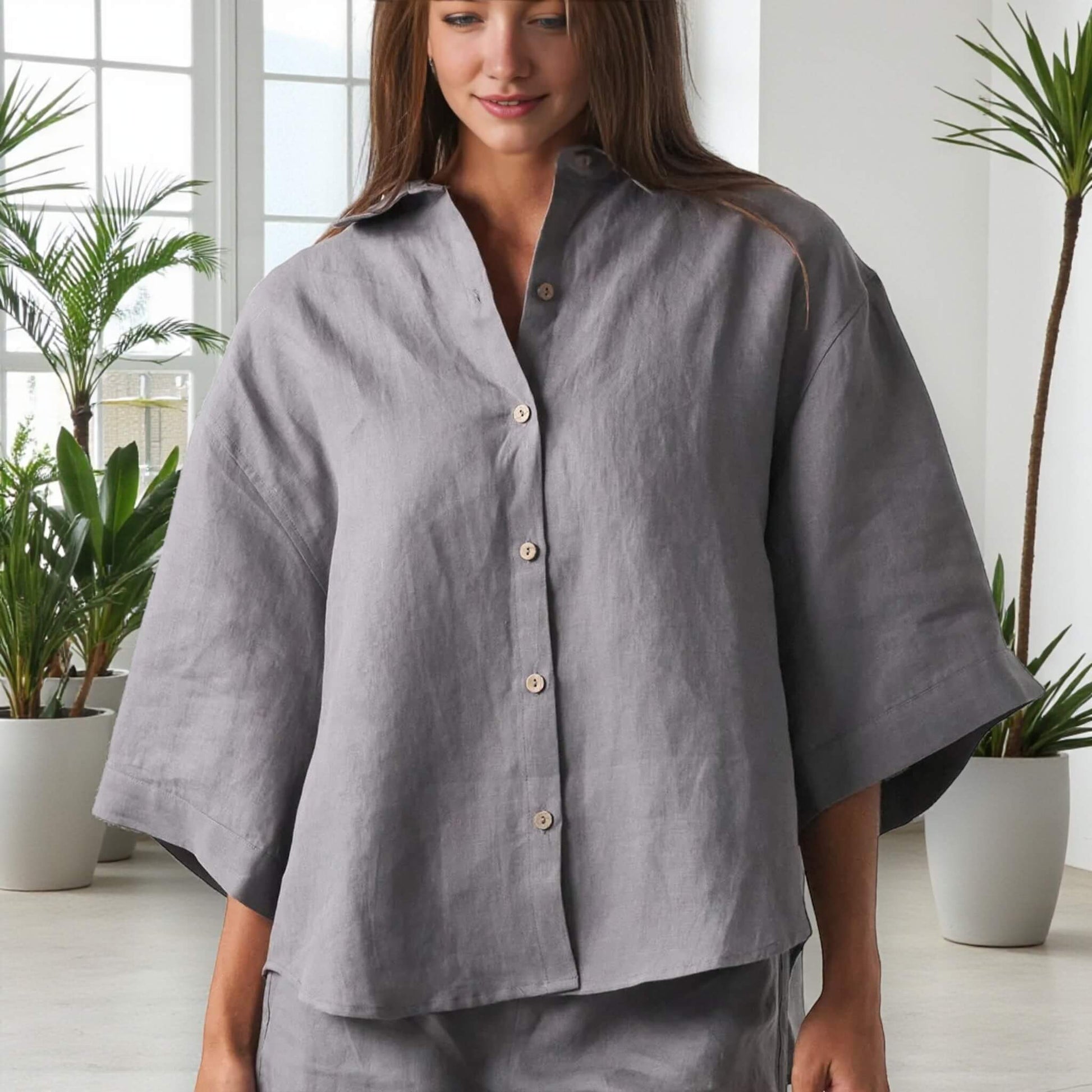 Linen Pajamas Women, Oversized Linen Shirt And Shorts Set