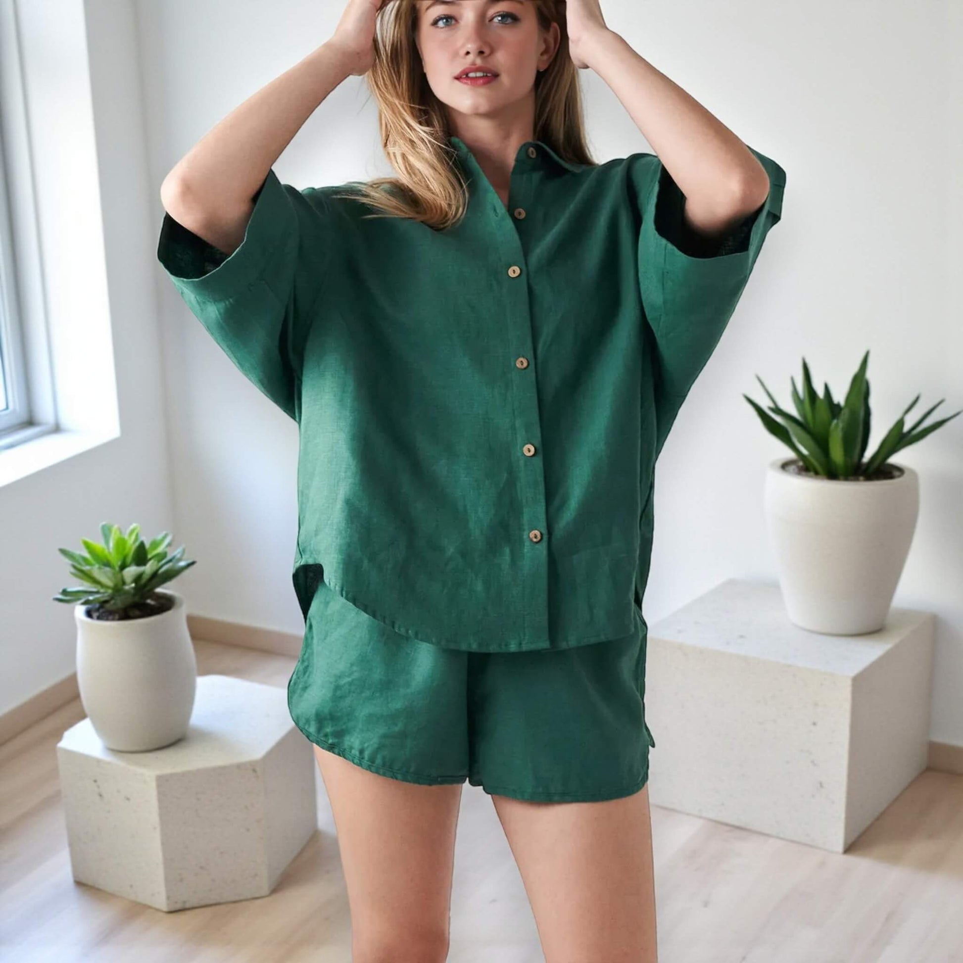 Linen Pajamas Women, Oversized Linen Shirt And Shorts Set
