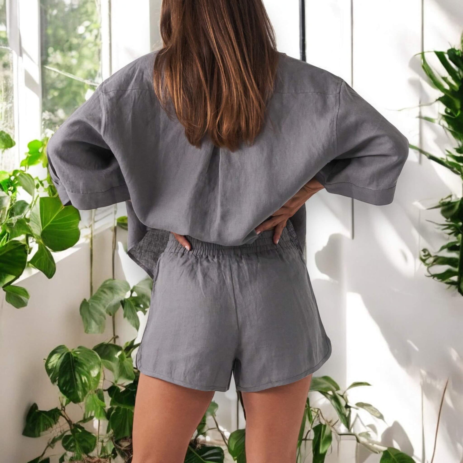 Linen Pajamas Women, Oversized Linen Shirt And Shorts Set