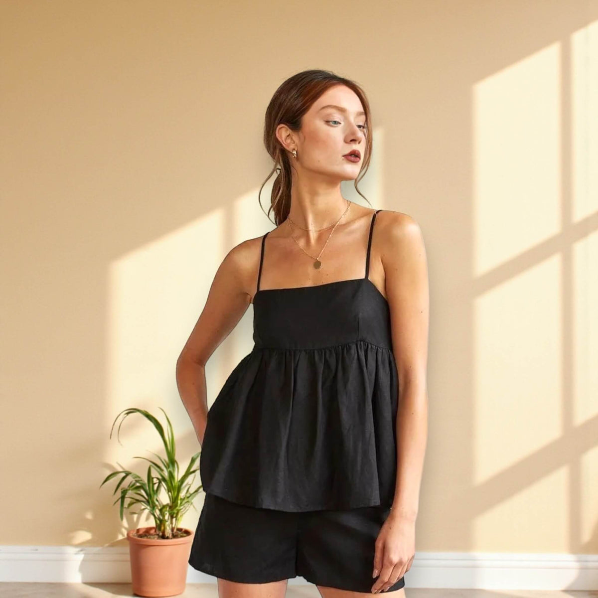 Linen Pajamas Women, Peplum Cami Top And Relaxed Shorts Set