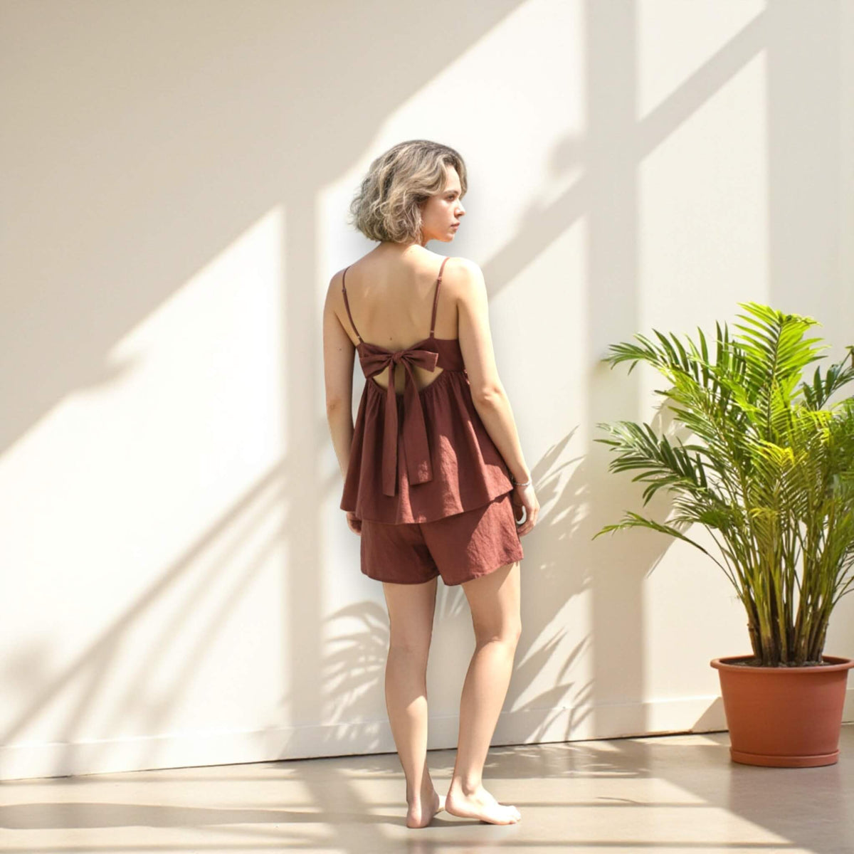 Linen Pajamas Women, Peplum Cami Top And Relaxed Shorts Set