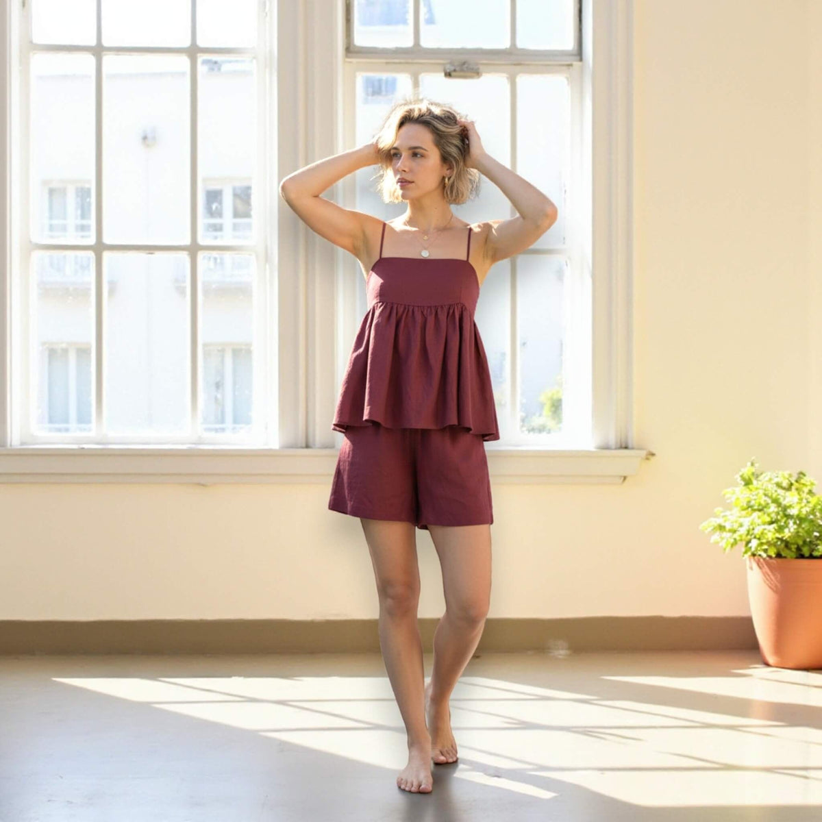 Linen Pajamas Women, Peplum Cami Top And Relaxed Shorts Set