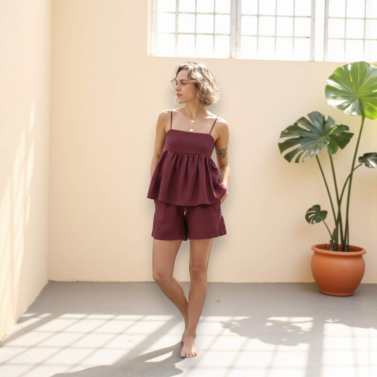 Linen Pajamas Women, Peplum Cami Top And Relaxed Shorts Set