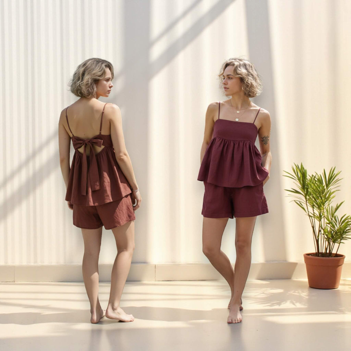 Linen Pajamas Women, Peplum Cami Top And Relaxed Shorts Set