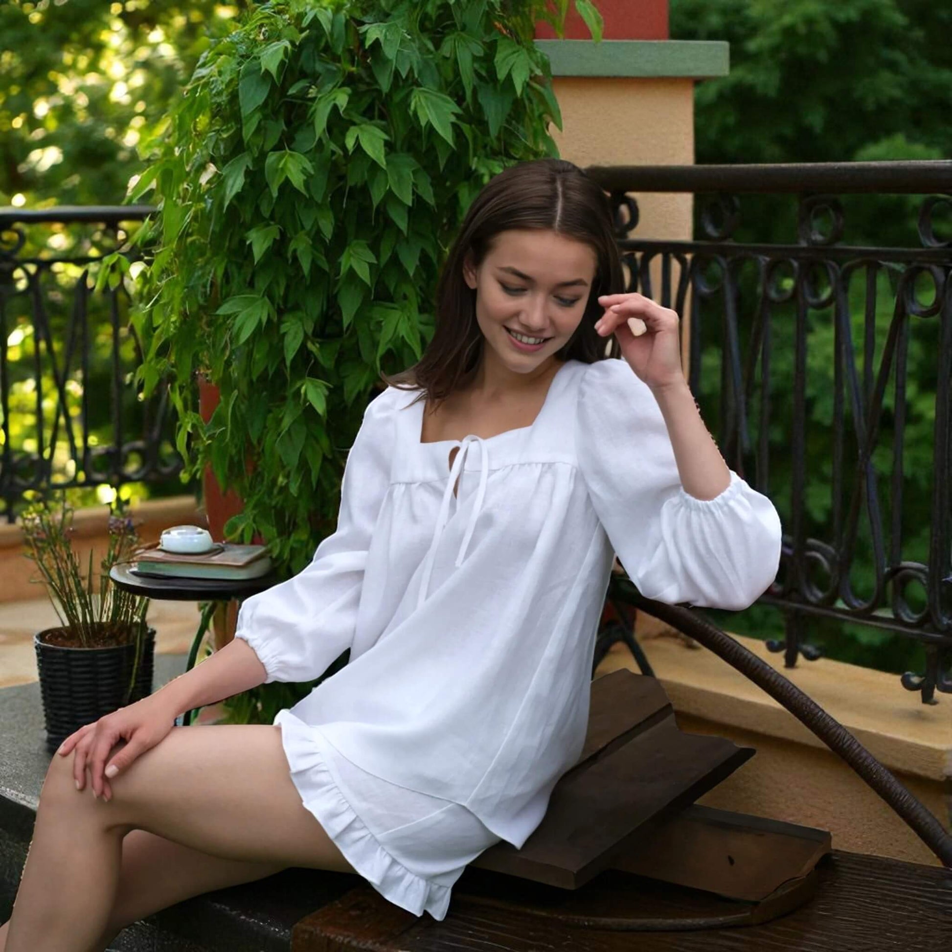 Linen Pajamas Women, Puff-Sleeve Blouse And Linen Ruffle Shorts Set