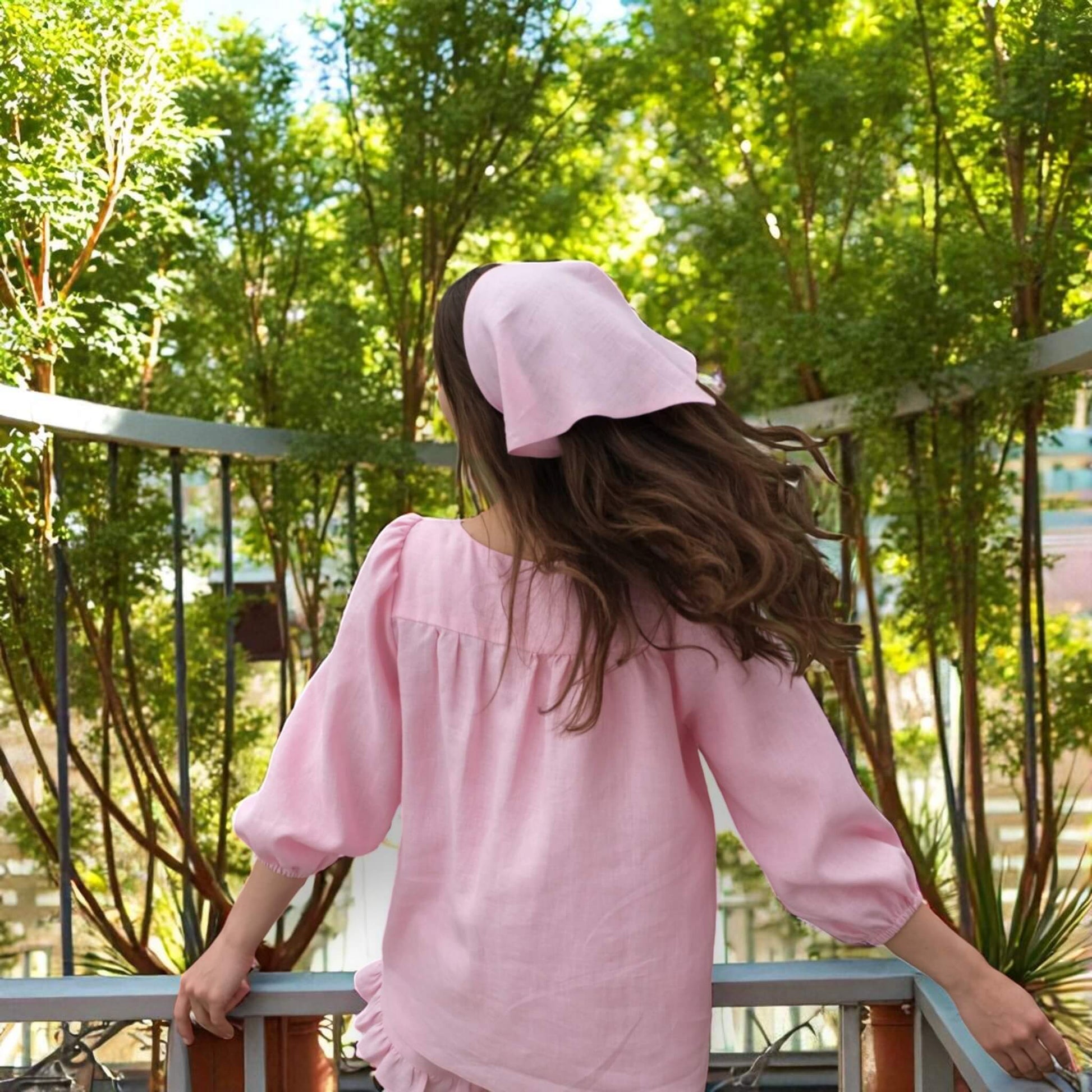 Linen Pajamas Women, Puff-Sleeve Blouse And Linen Ruffle Shorts Set