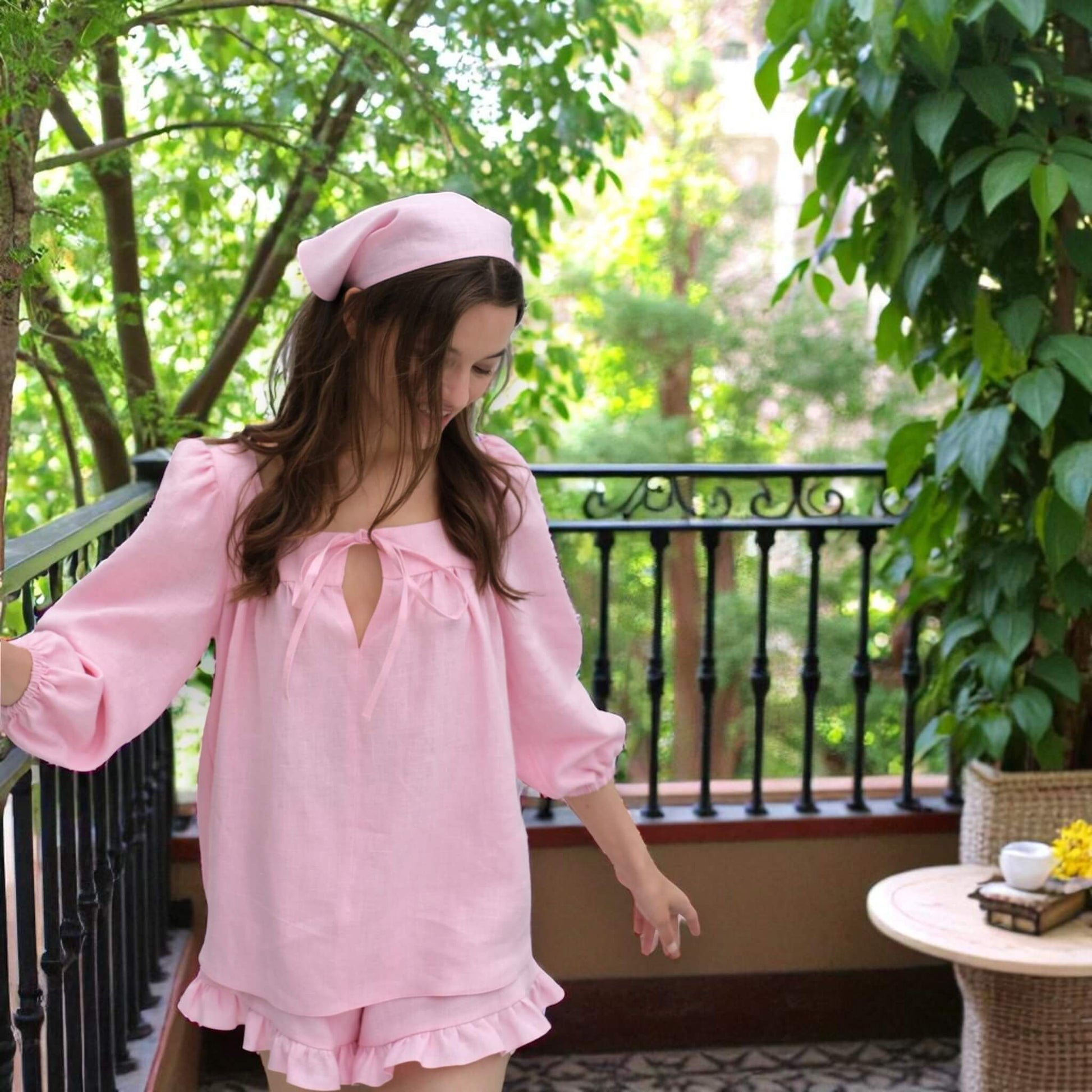 Linen Pajamas Women, Puff-Sleeve Blouse And Linen Ruffle Shorts Set