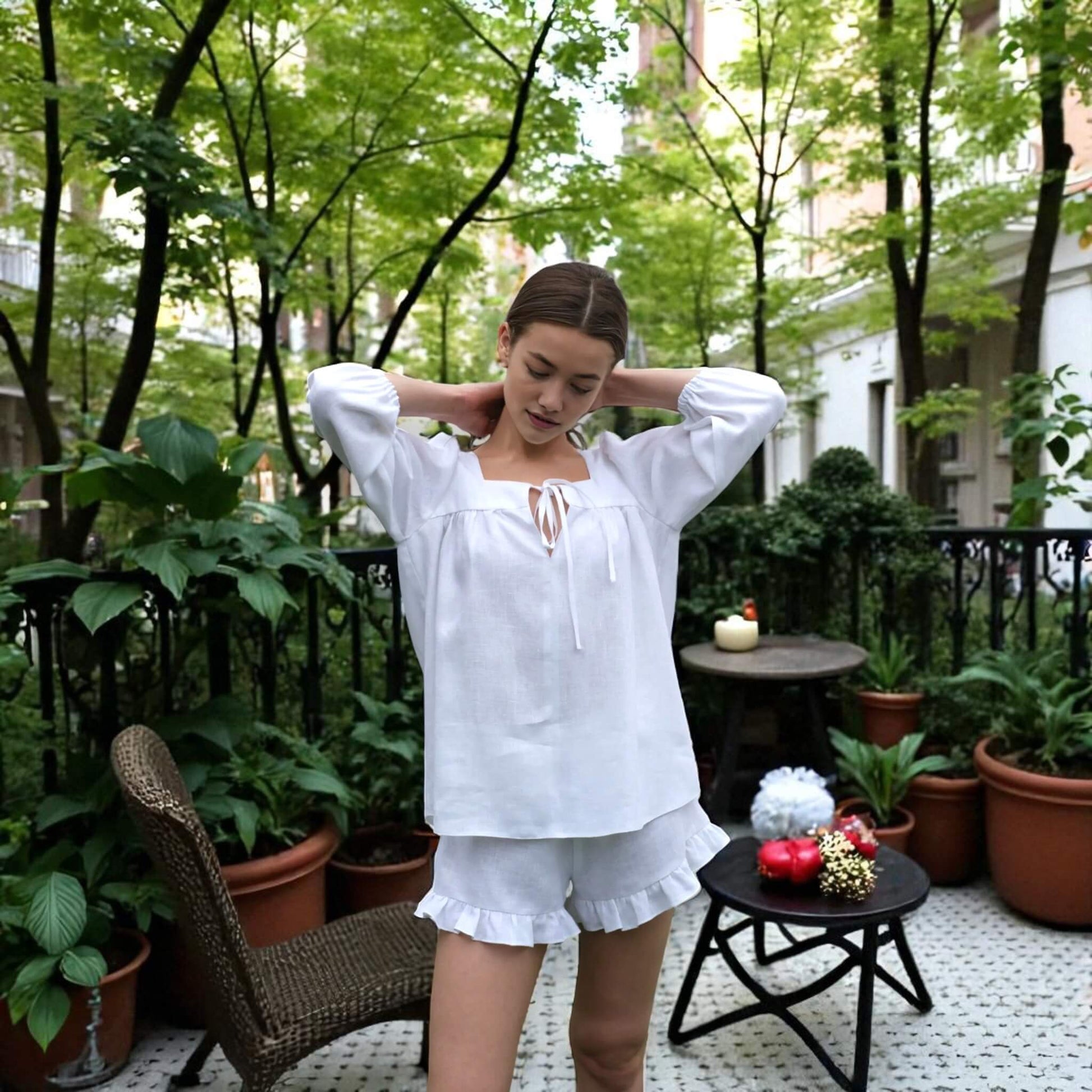 Linen Pajamas Women, Puff-Sleeve Blouse And Linen Ruffle Shorts Set