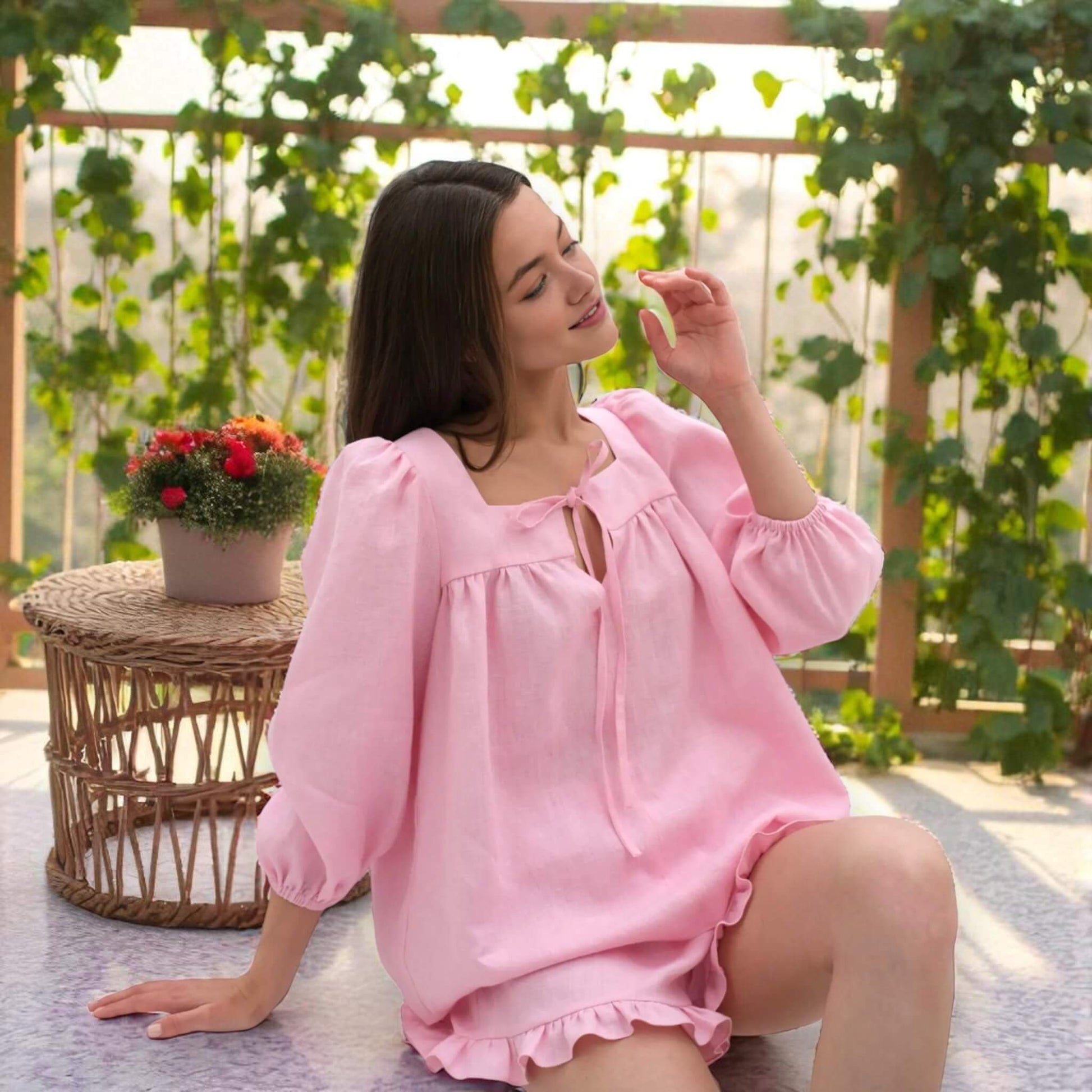 Linen Pajamas Women, Puff-Sleeve Blouse And Linen Ruffle Shorts Set