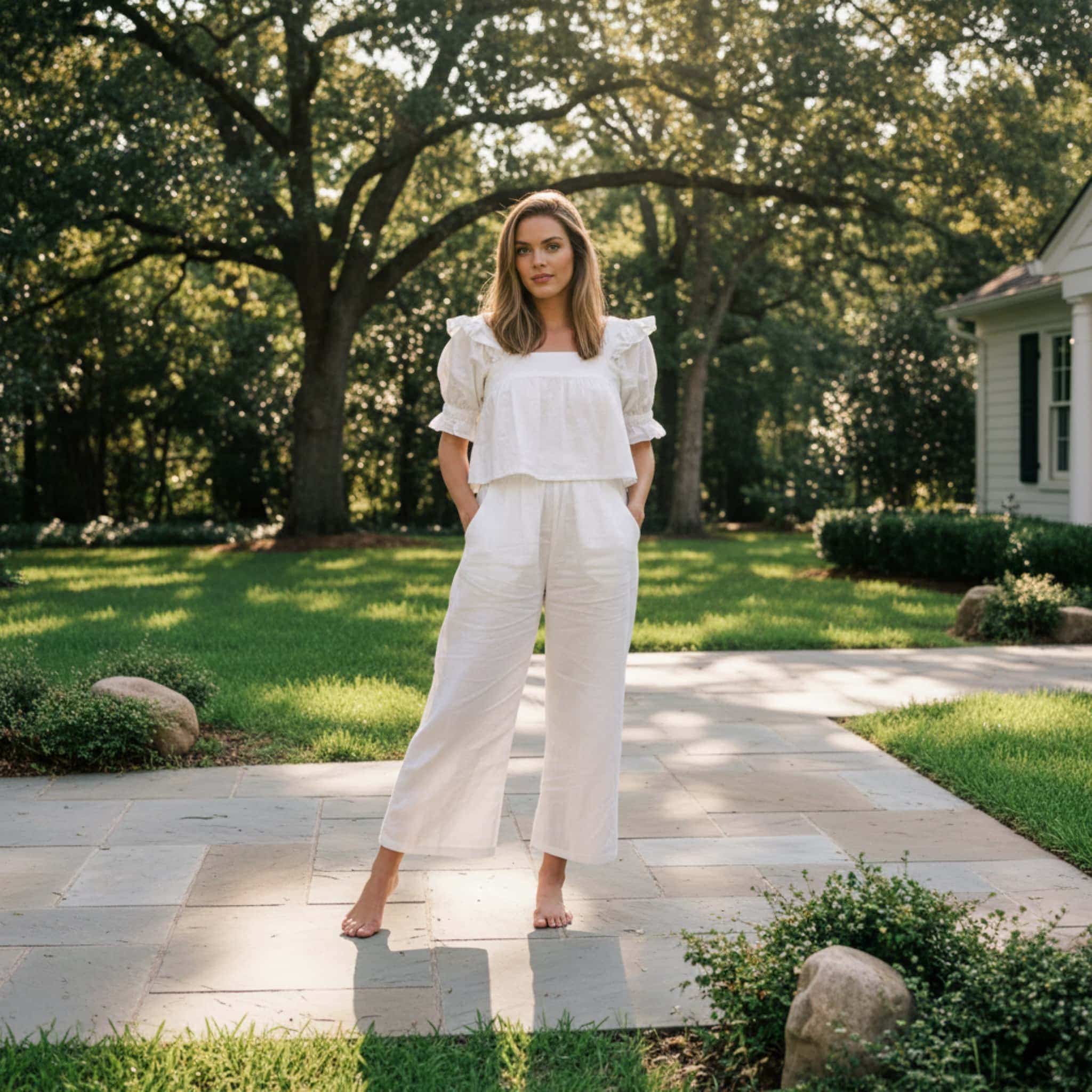 Linen Pajama Set, Short Sleeve Linen Shirt And Ruffle Short Set