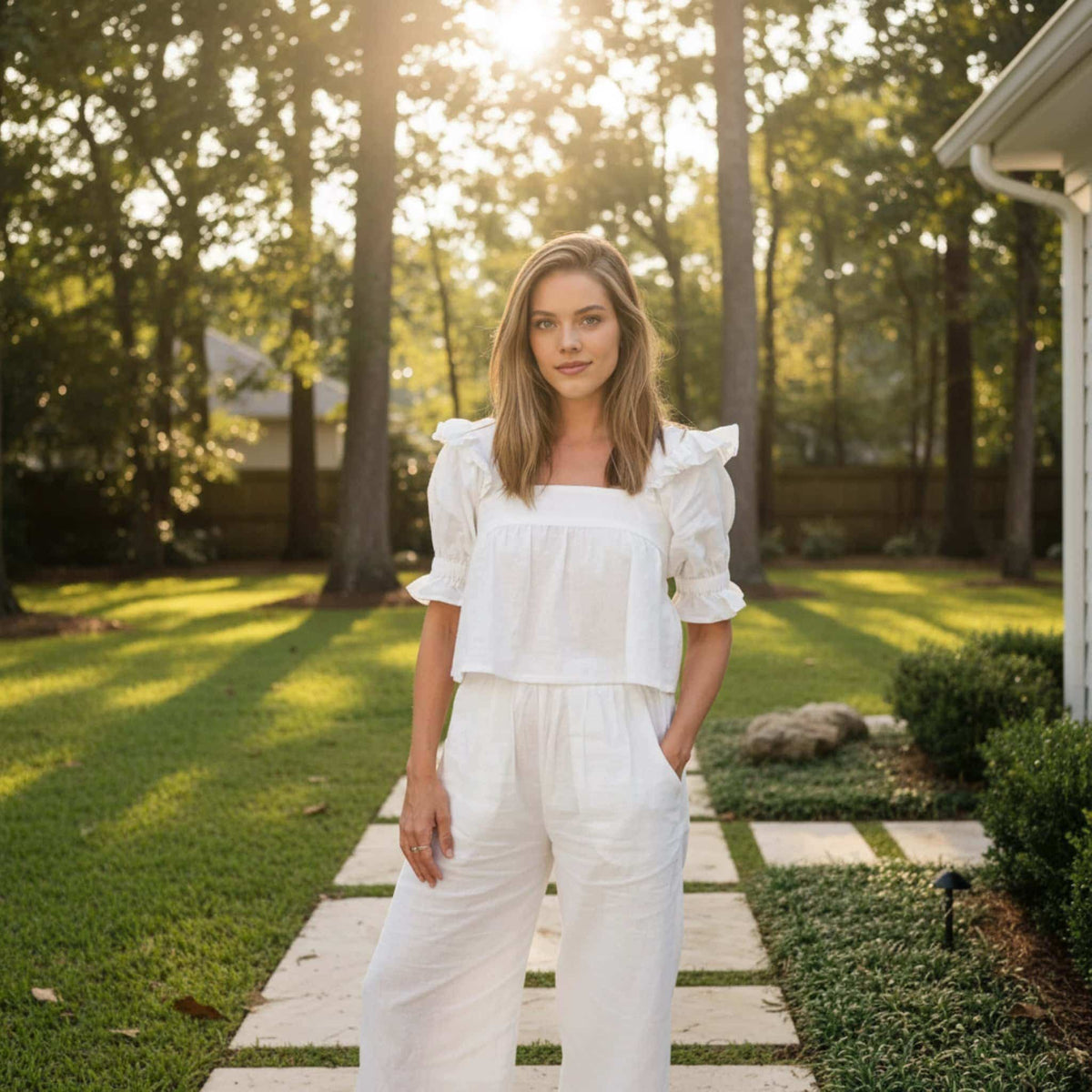 Linen Pajama Set, Short Sleeve Linen Shirt And Ruffle Short Set