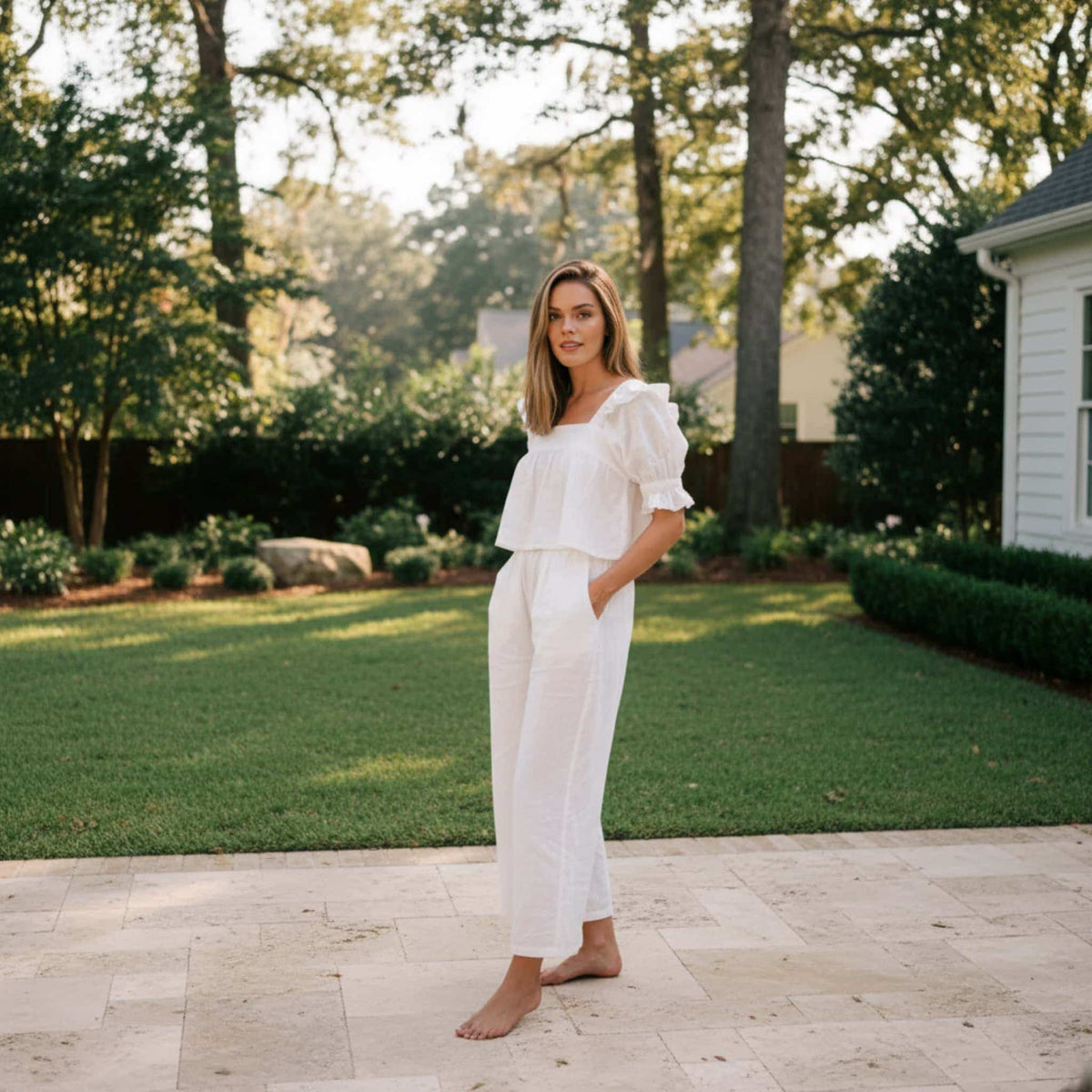 Linen Pajama Set, Short Sleeve Linen Shirt And Ruffle Short Set