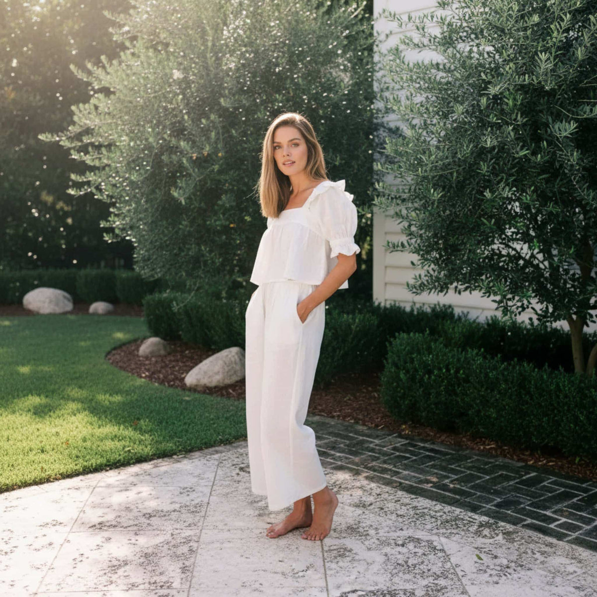 Linen Pajama Set, Short Sleeve Linen Shirt And Ruffle Short Set