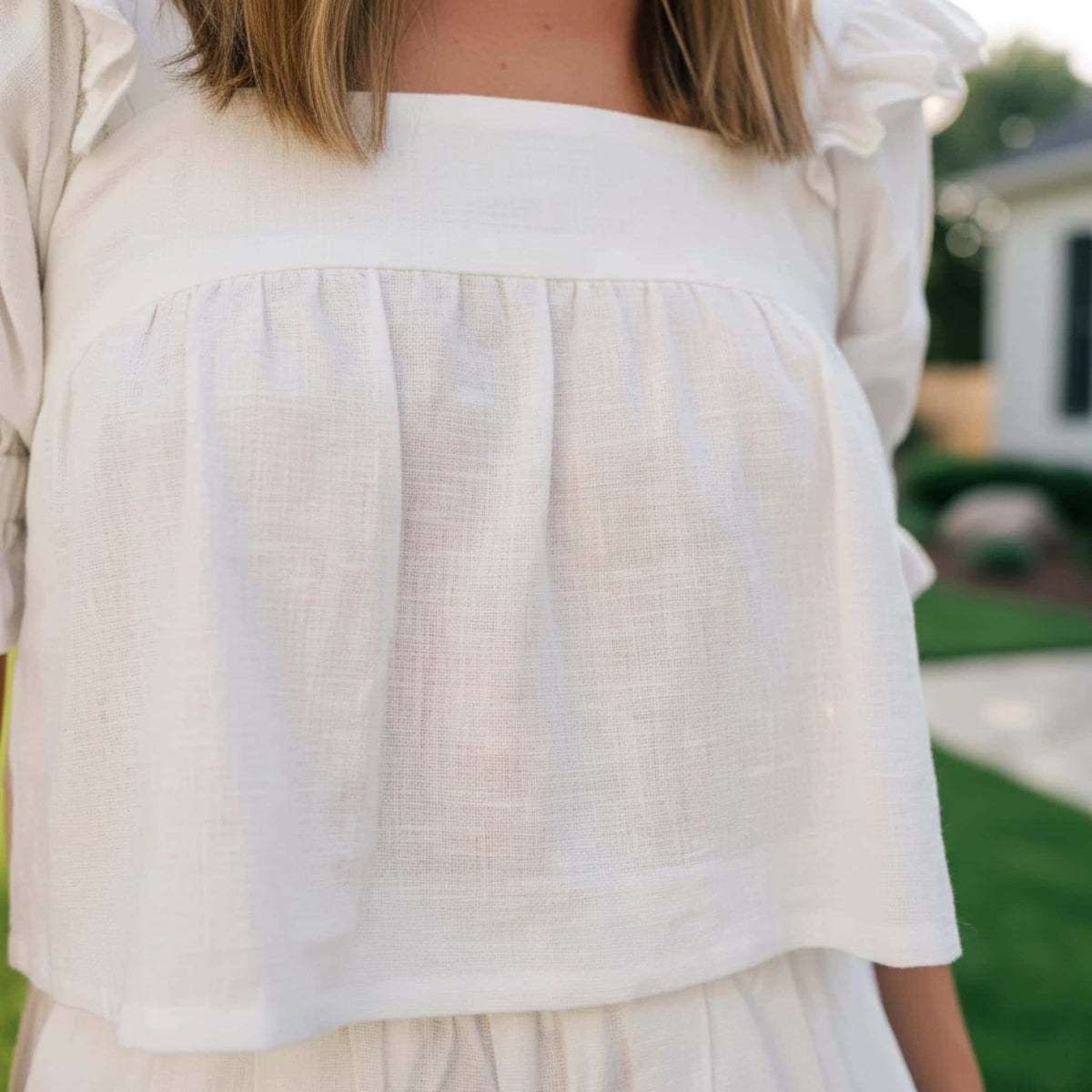 Linen Pajama Set, Short Sleeve Linen Shirt And Ruffle Short Set