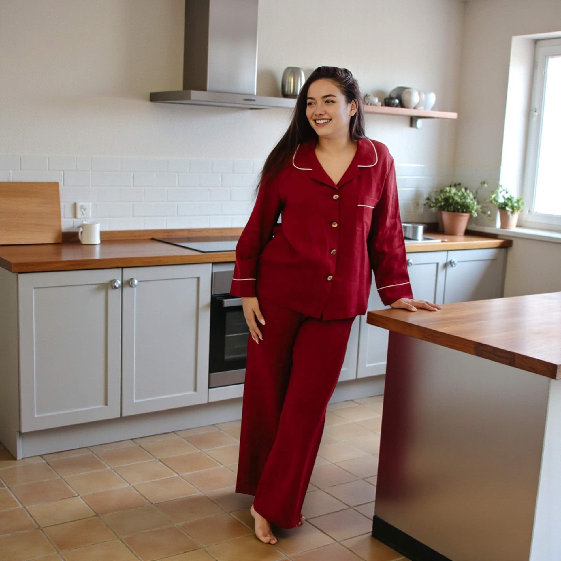 Linen Pajamas Women, Relax Linen Shirt And Wide Leg Pants Set