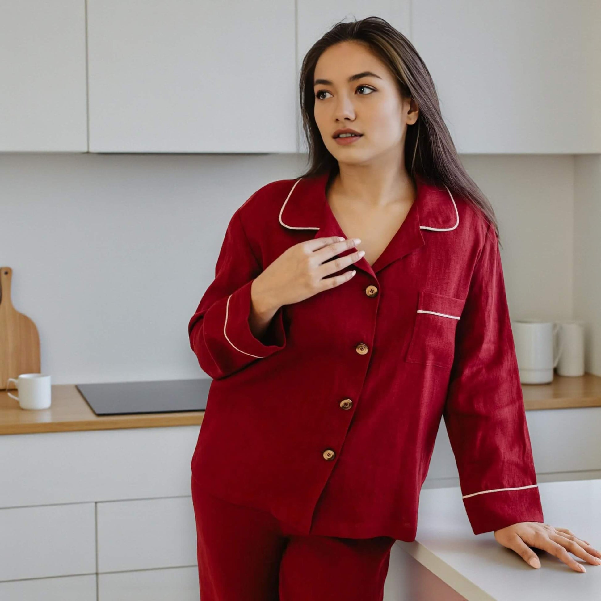 Linen Pajamas Women, Relax Linen Shirt And Wide Leg Pants Set