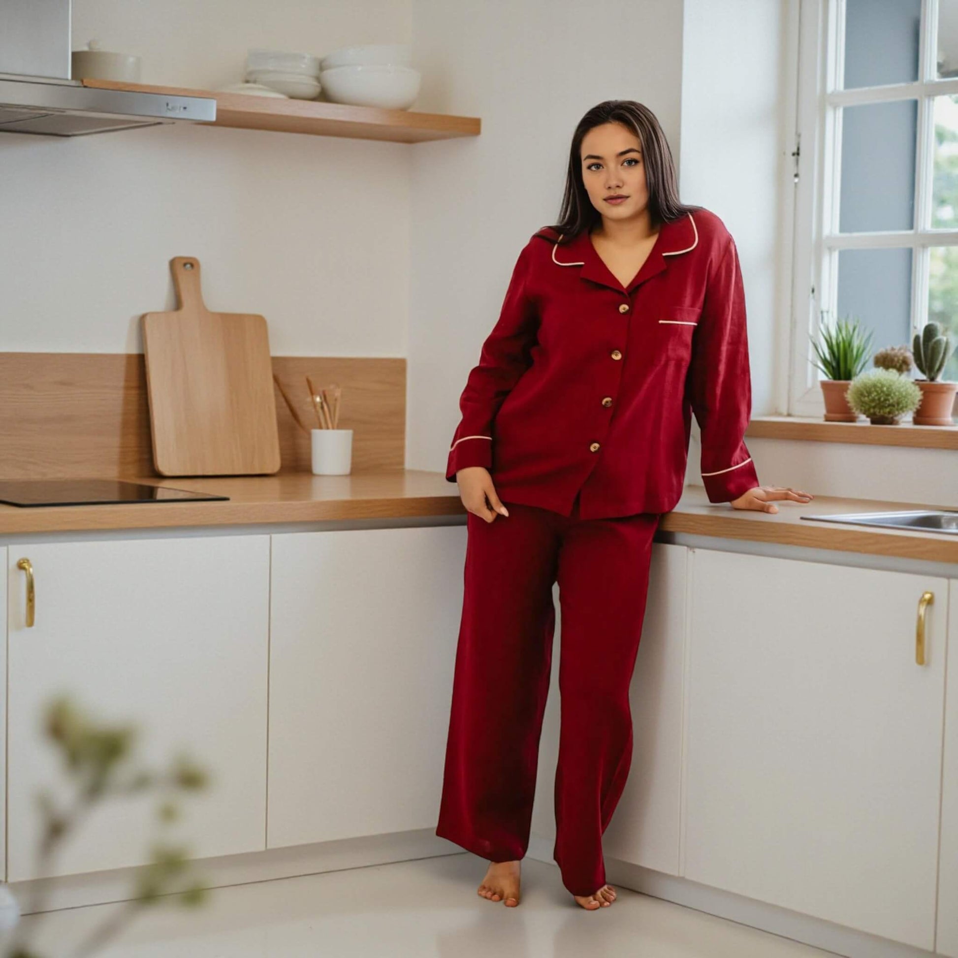 Linen Pajamas Women, Relax Linen Shirt And Wide Leg Pants Set