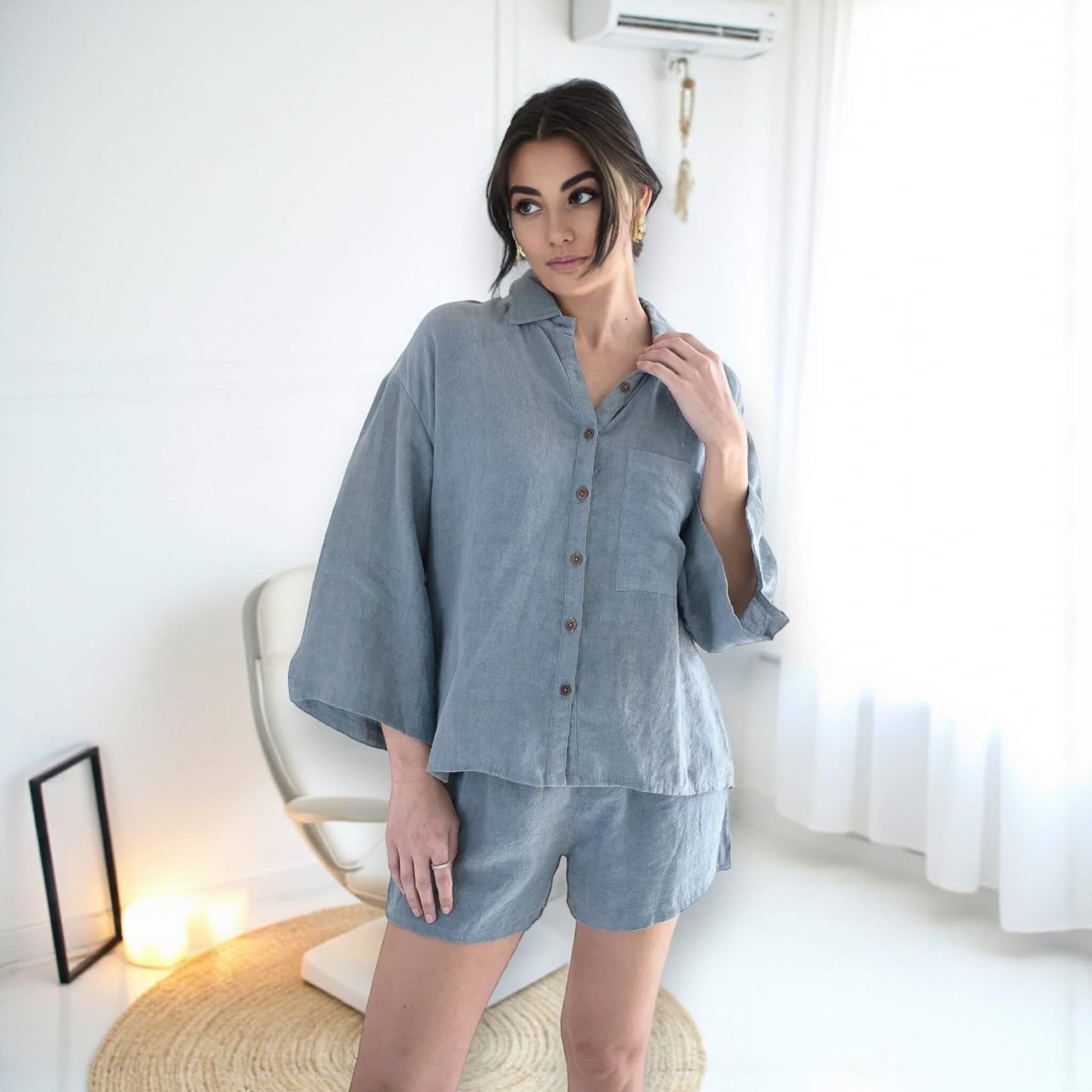 Linen Pajamas Women, Relaxed Linen Shirt And Drawstring Shorts Set